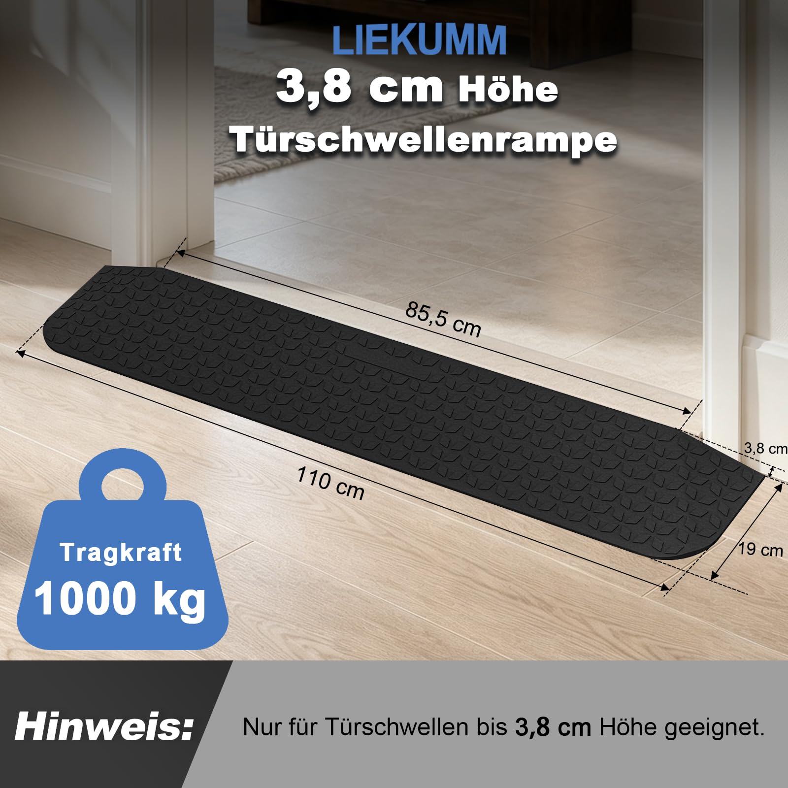 LIEKUMM Gumowa rampa progowa o wysokości 3,8 cm, szer. 109 cm, nośność 1000 kg, rampa progowa, dla wózków inwalidzkich, do wózków inwalidzkich, do wózków inwalidzkich, skuterów, elektrycznych wózków