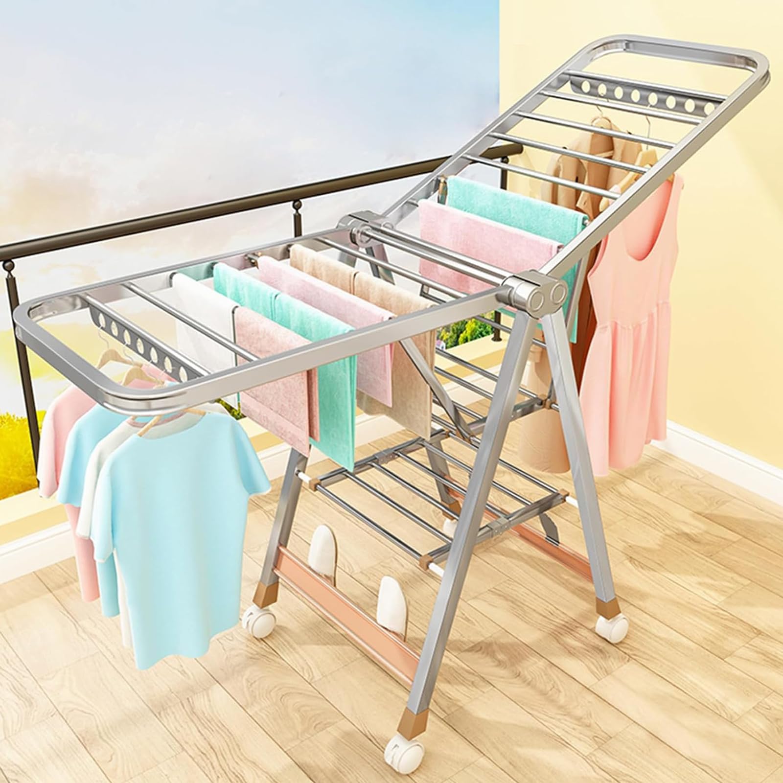 VUCATIN Clothes Drying Rack, Stainless Steel Adjustable Laundry Drying Rack, Folding Drying Rack Clothing for Indoor Outdoor Heavy Duty with 20 Windproof Hooks (B)