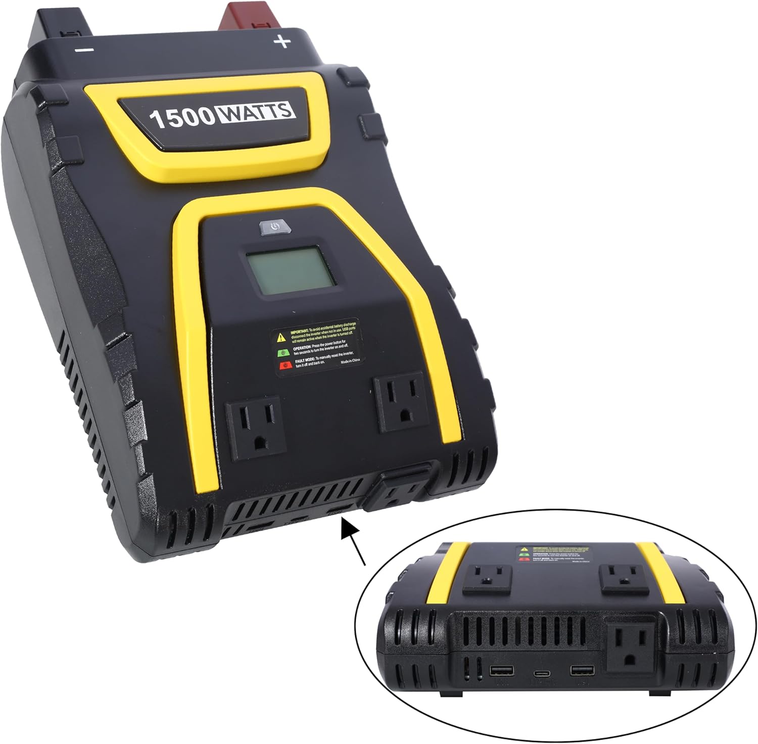 1500 Watts Power Inverter Modified Sine Wave - 12V DC to 115V AC Converter with 2 USB Ports, Type C, 3 AC Outlets, LCD Display, for Car, Truck, RV, Camping, Job Sites, Emergencies, Black