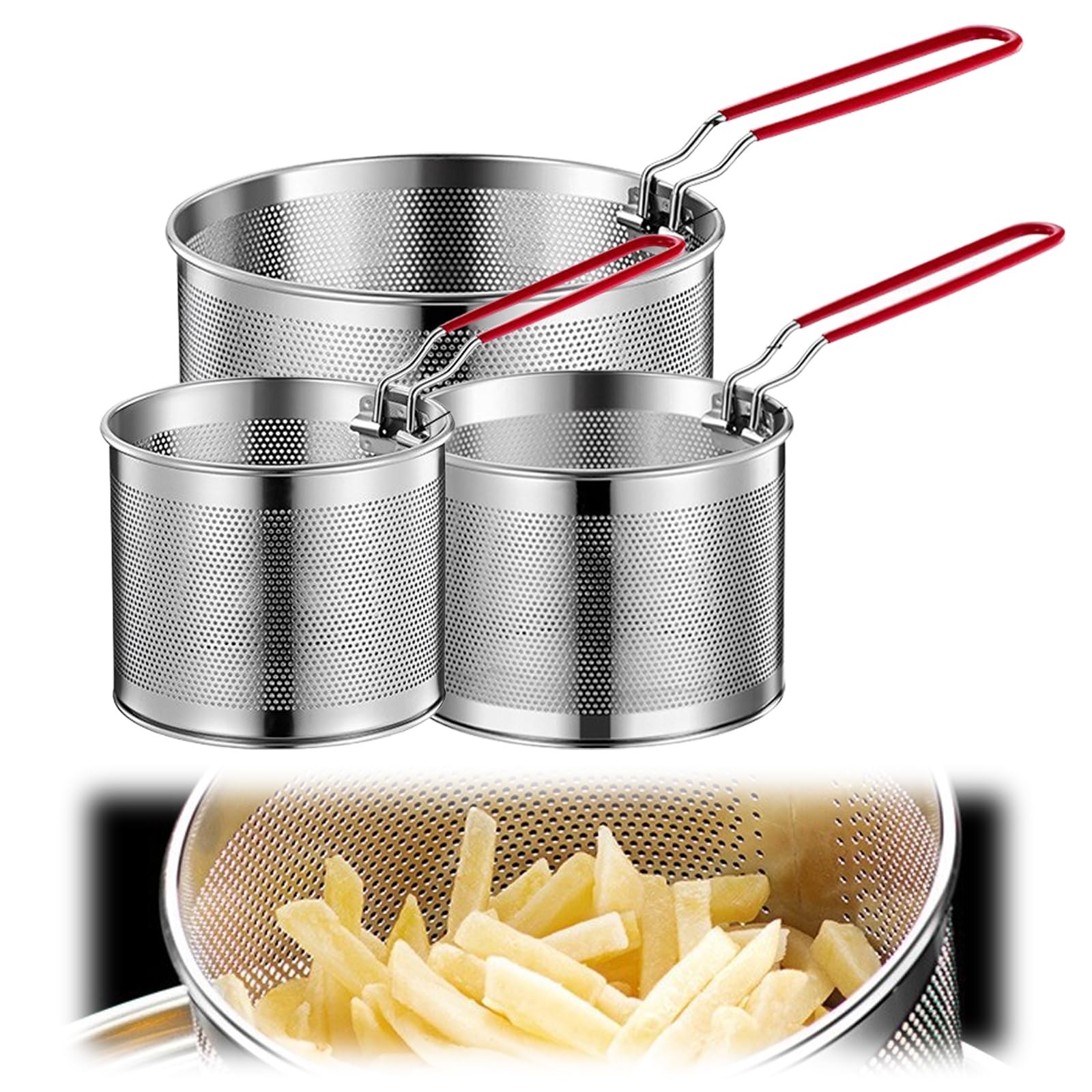 Cestino per patatine, 3 pezzi, in acciaio inox, per alimenti, per la pasta, con manico rimovibile, colino da cucina, colino da cucina per il lavaggio, sgocciolare, friggere, cottura a vapore
