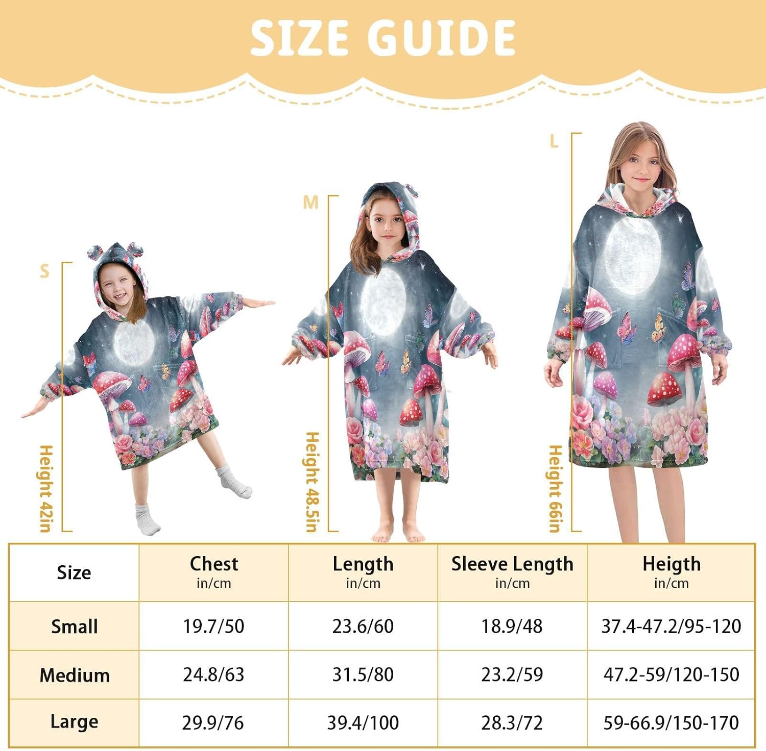 Kigai Mushroom Wearable Blanket Hoodie for Kids Oversized Hooded Blanket Warm & Cozy Sweatshirt with Pockets