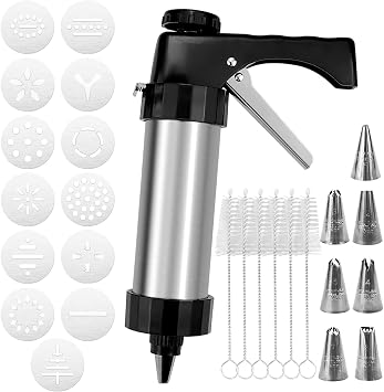 Cookie Press, Cookie Press Gun for Baking, Spritz Cookie Press, Stainless Steel Churros Maker Machine Kit, with 6 Brushes, 13 Cookie Discs, 8 Icing Nozzles, for Cookie Decorating