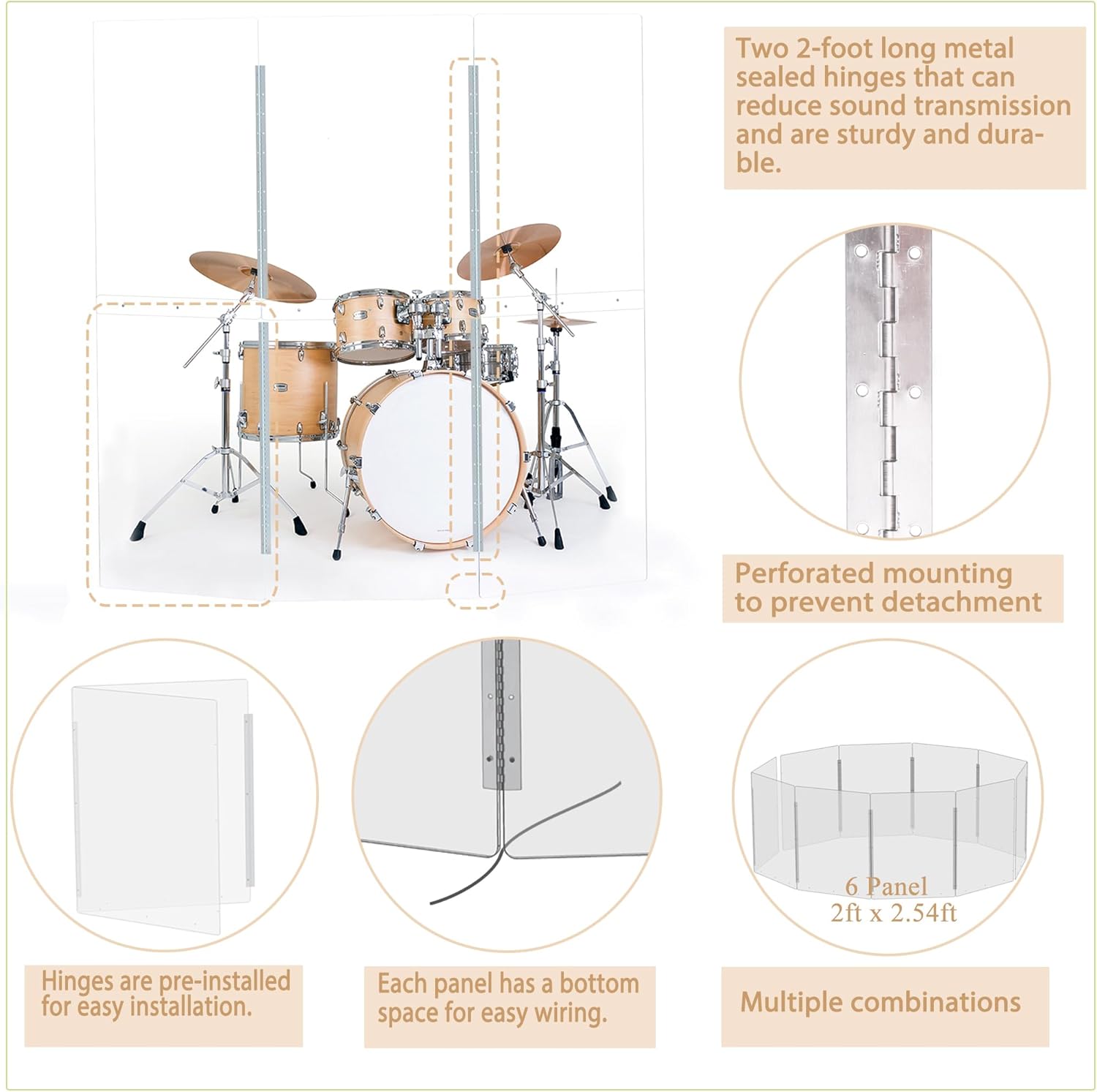 Drum Shield | Portable 3 Panel 2ft x5ft Acrylic Sound Barrier | Full-Length Stainless Steel Hinges | Drum Cage for Home, Church, Practice & Performances.(3 Panels)