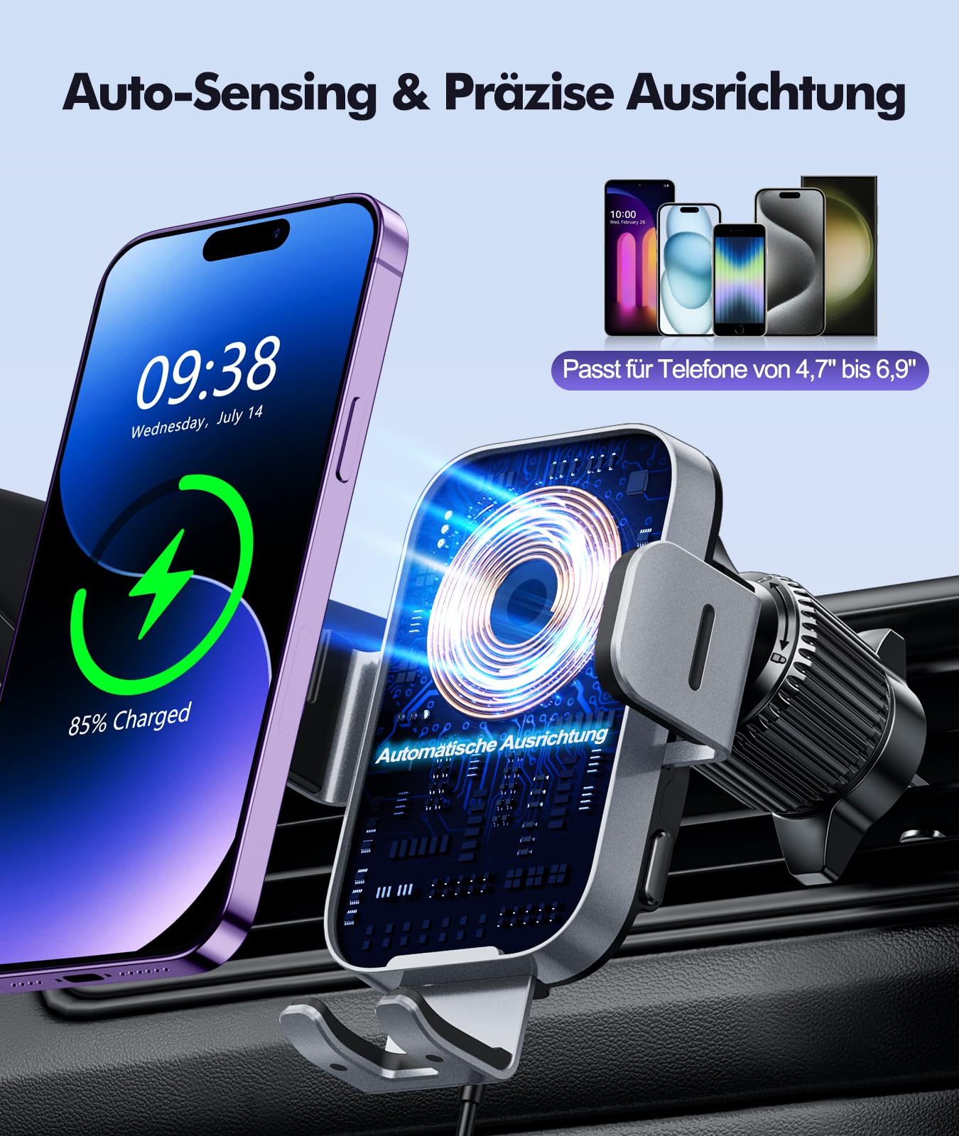 ISEYOU Handyhalterung Auto mit Ladefunktion, [360° Automatische Klemmung] 15W Wireless Charger Auto, Induktive Ladestation Auto Kfz Ladegerät Zubehör für 4,7"-6,9" Telefon, für iPhone 17 Samsung