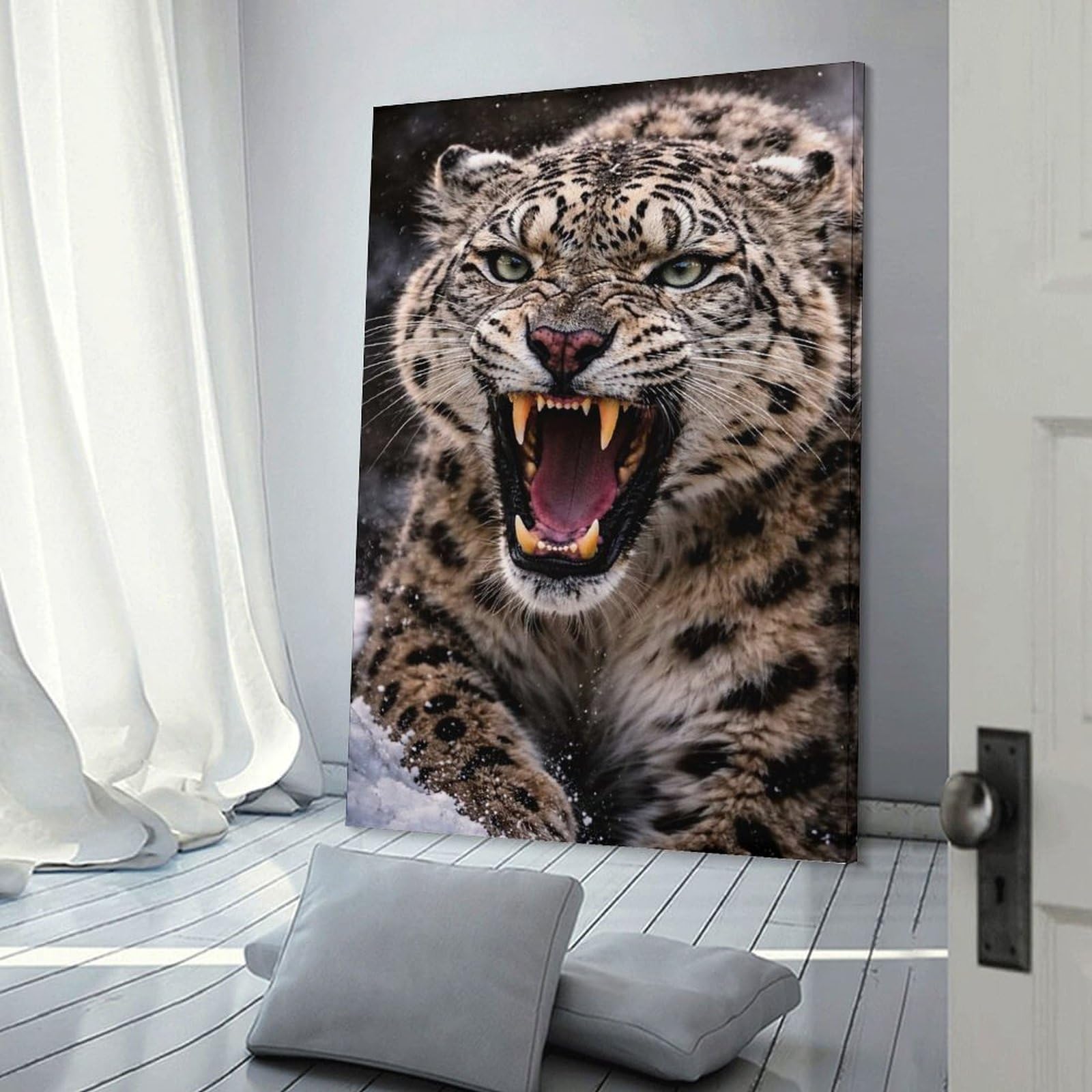 Junmoney Snow Leopard Roaring in Snow Canvas Wall Art 08x12inch(20x30cm), for Study, Office Or Focused Interiors, Home Office Artwork with Decorative Appeal