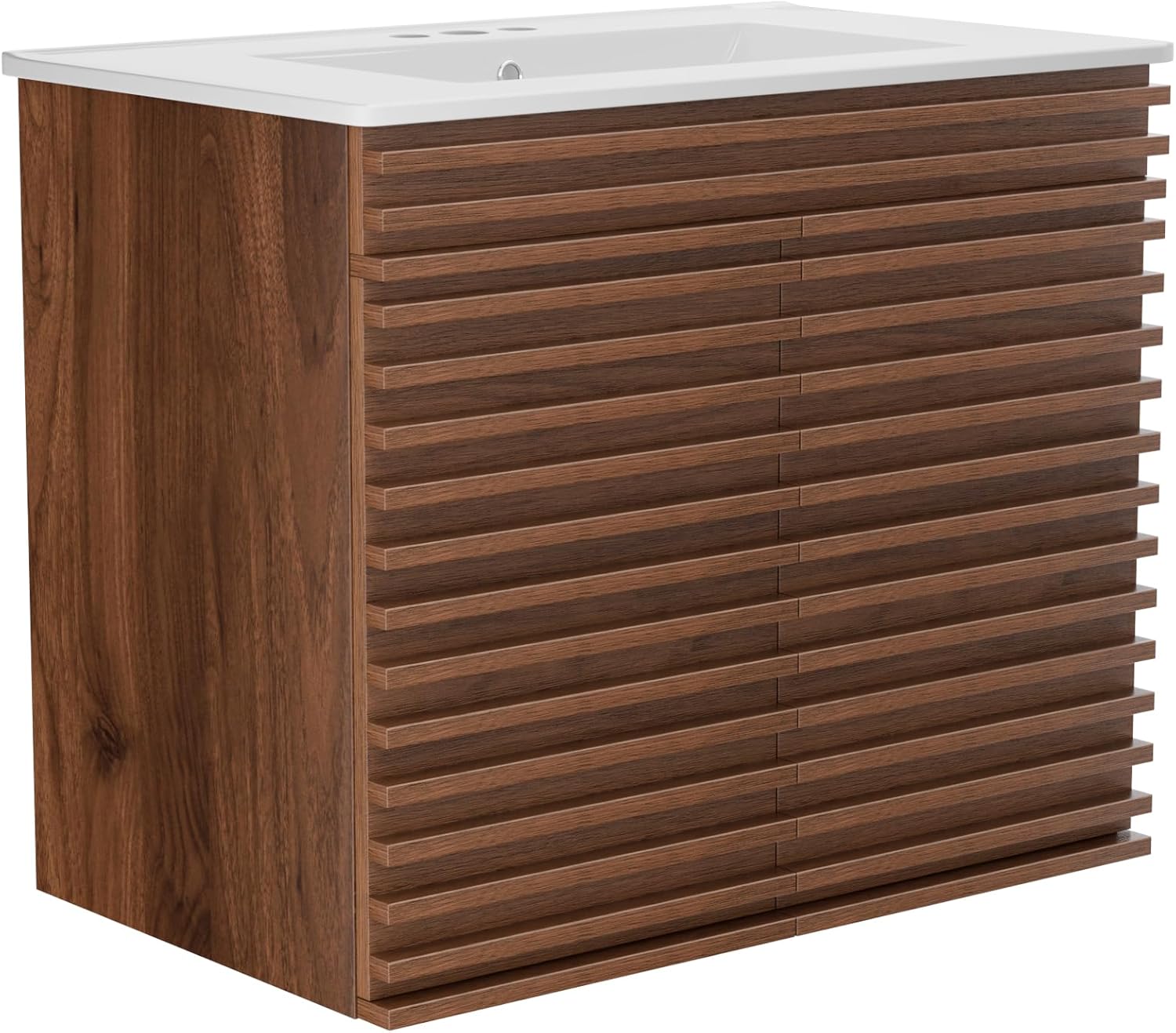 ROOMTEC 30" Bathroom Vanity with Ceramic Sink Combo, Mid-Century Wall Mounted Floating Vanity Cabinet with 2 Closing Doors, Wood Grain Texture, Walnut