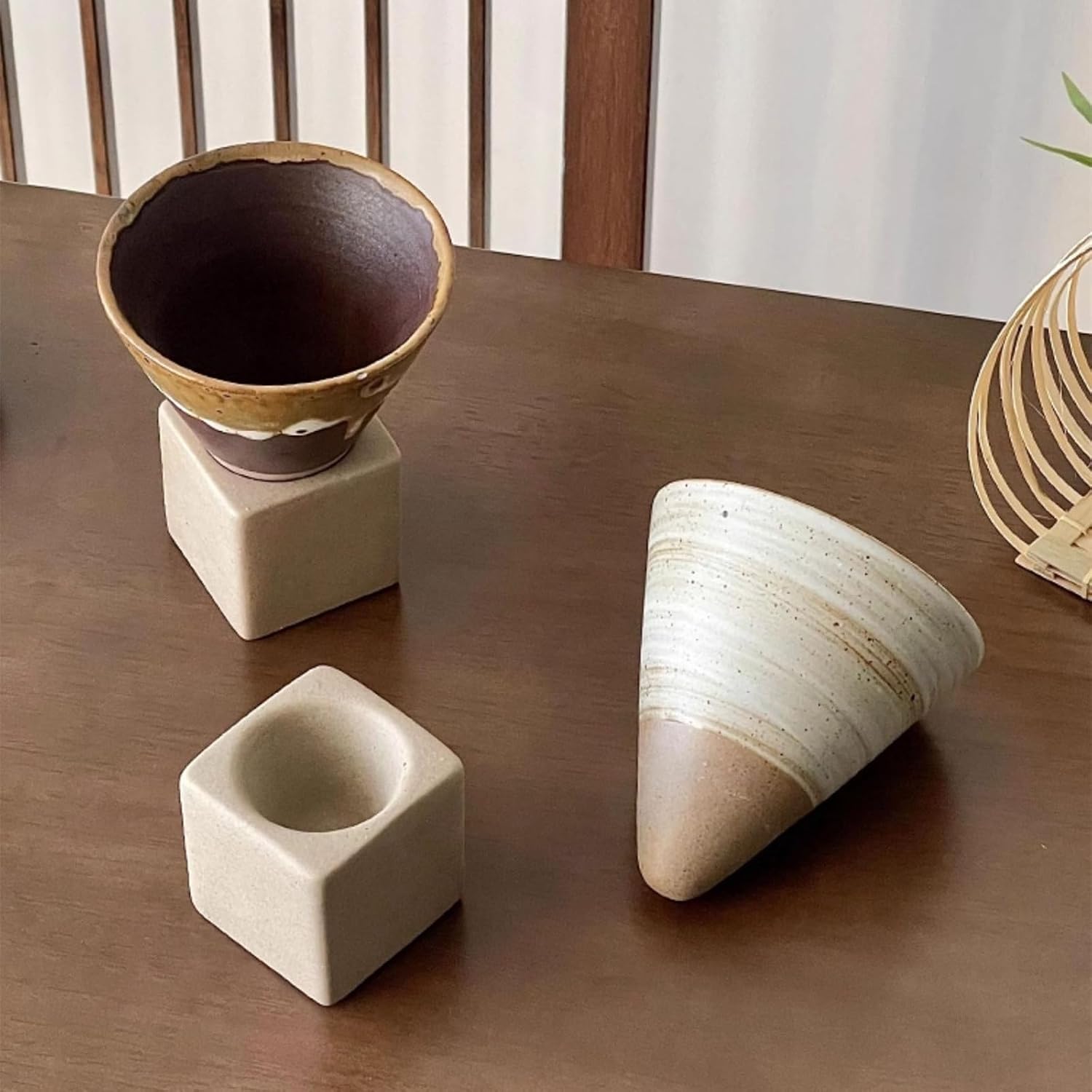 Hotrend Ceramic Espresso Cup,Vintage Personal Tea Pottery Porcelain Mug Funnel Coffee Cup with Base Heat Resistant Latte Cappuccino Triangular Cone Shape Collection Decor Gift (White)