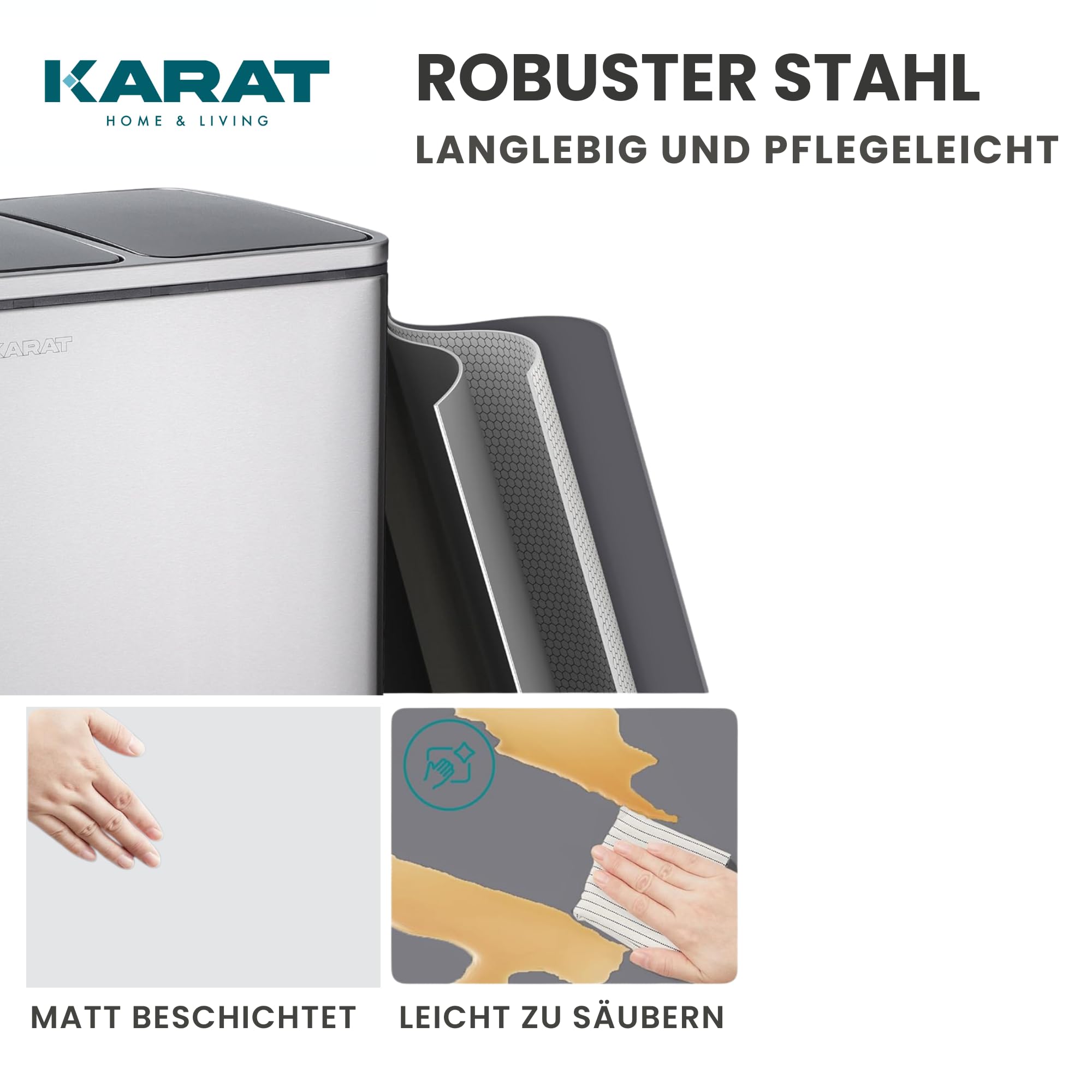 KARAT Mülleimer Küche 2×30L Edelstahl | 2-Fach Mülltrennsystem, Treteimer Küche, Metall, Soft-Close, luftdicht, Kunststoff-Inneneimer, Klappdeckel – (Felix)