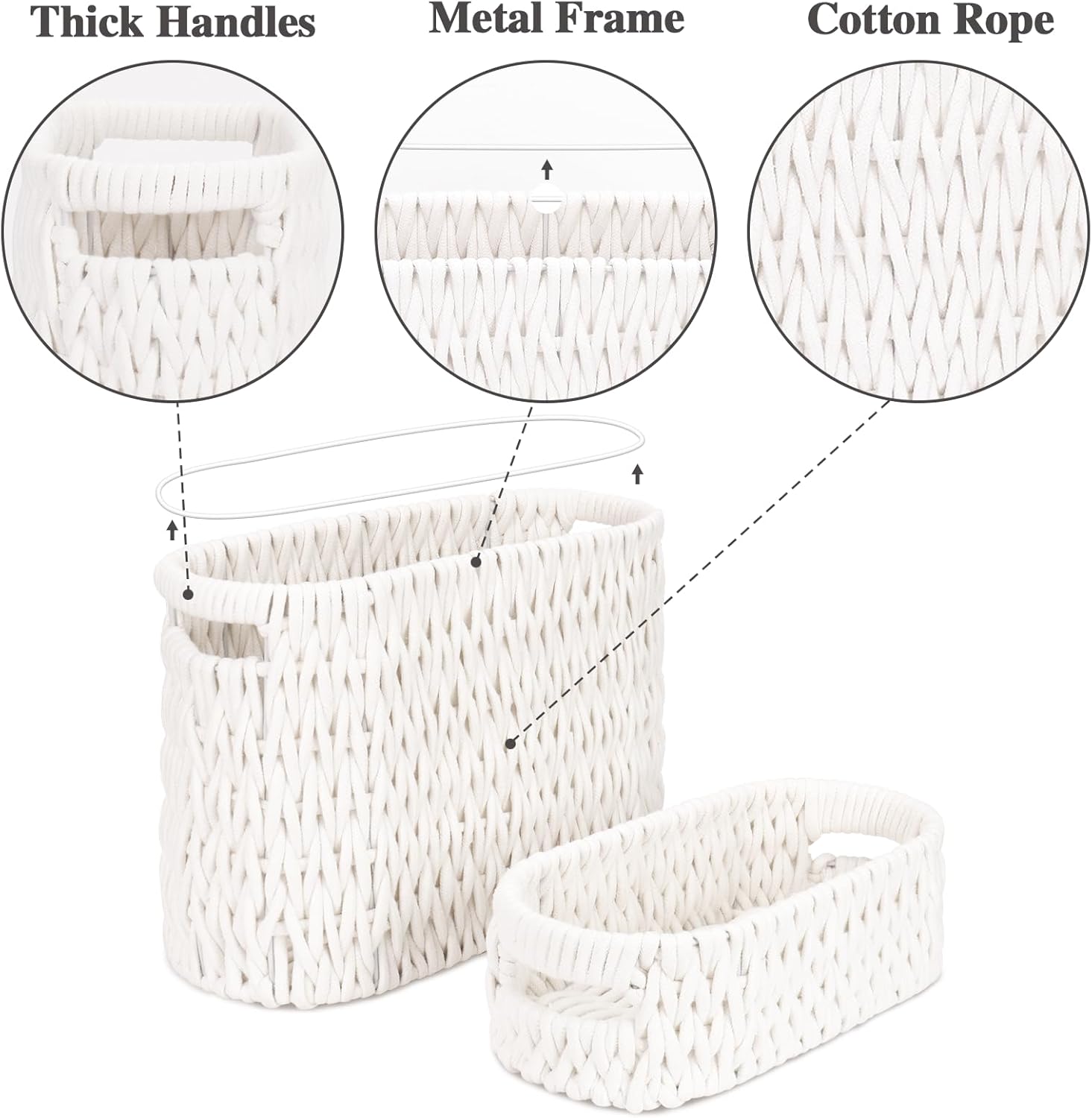 Boho Toilet Paper Storage Baskets, Cotton Rope Woven Bathroom Basket Set of 2, Standing Toilet Paper Holder for 6 Mega Rolls,Storage Bins for Toilet Tank Top, Bathroom Organizer Decor (White 2 Pack)