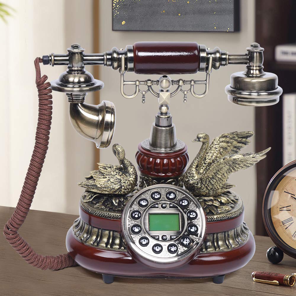 Vintage Deko Retro Telefon Festnetztelefon mit Antik-Telefon Schnurgebundenes Freisprechfunktion Harzimitat Holz Anrufer-ID ideal für Wohnzimmer oder Büro
