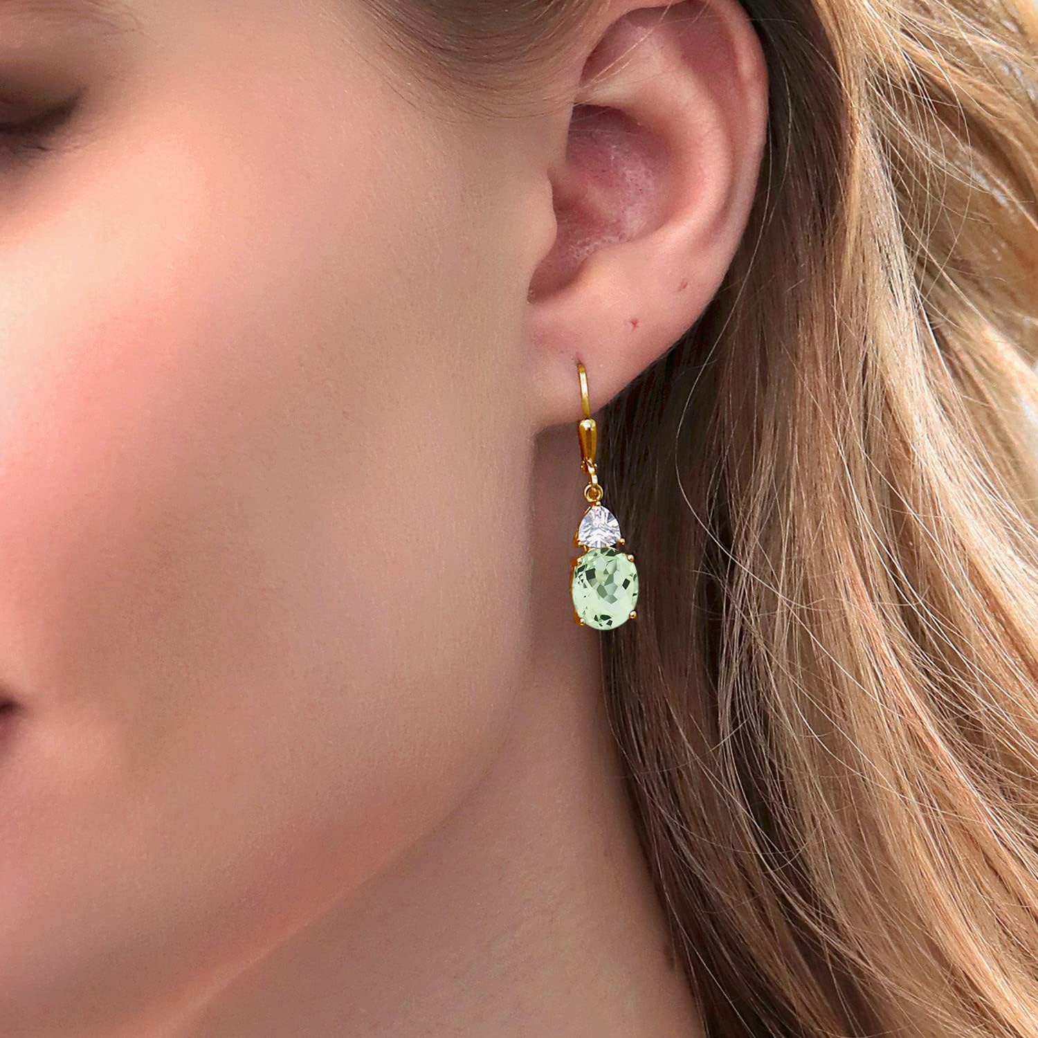 Gem Stone King 18K Yellow Gold Plated Silver Green Prasiolite and White Zirconia Dangle Earrings For Women (6.34 Cttw, Gemstone Birthstone, Oval 10X8MM, Trillion 5MM)