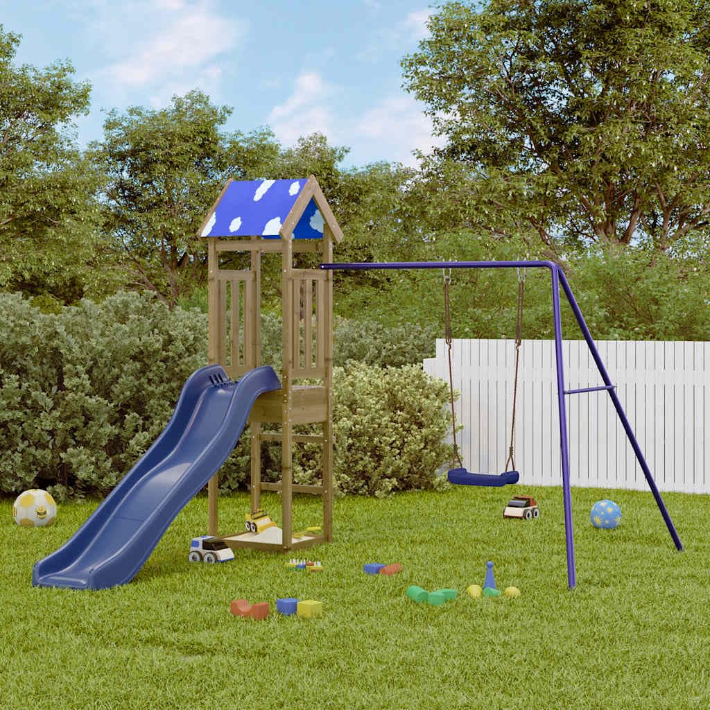 Torre de juego de madera de pino impregnada con columpio, tobogán ondulado, caja de arena y estructura de escalada para jardín, casa de juegos al aire libre para niños de 3 a 8 años