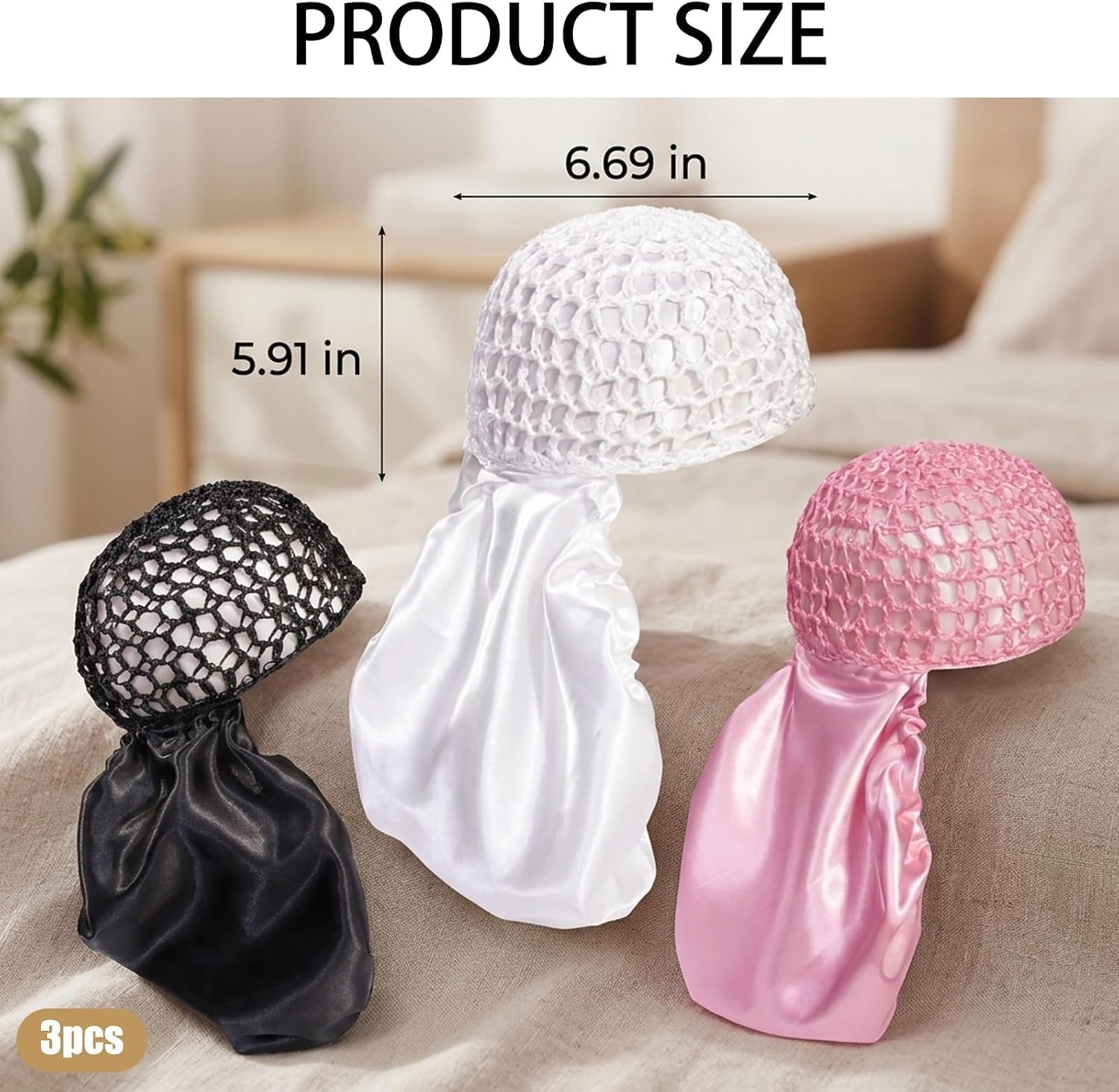 3PCS 2 in 1 Wrap Cap for Silk Press Reversible Wraps Cap Hair Net And Scarf Hair Wrap Caps Bonnet for Silk Press Wraps for Hairs Adjustable Tie Band for Curly Natural Braide(black,white,pink)