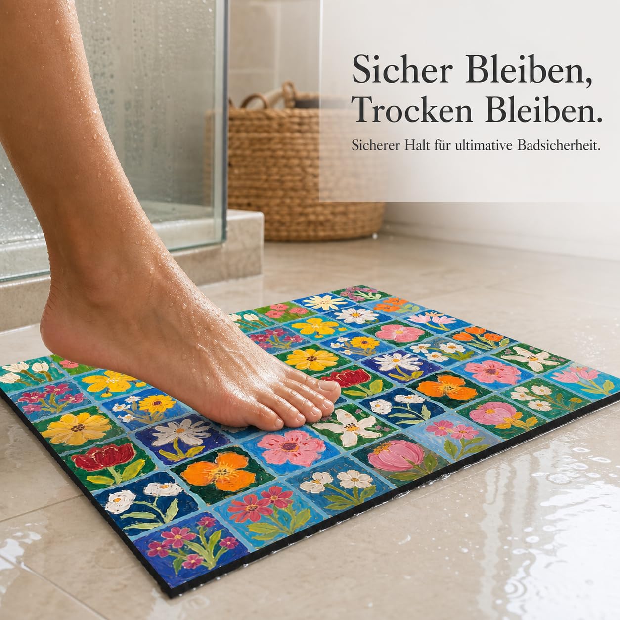 Tappetino da Bagno in atomacea, Fiori B, 80x120cm | Struttura a pavimento, Tappetino Lavabile Mano, doccia, Per cerca praticità