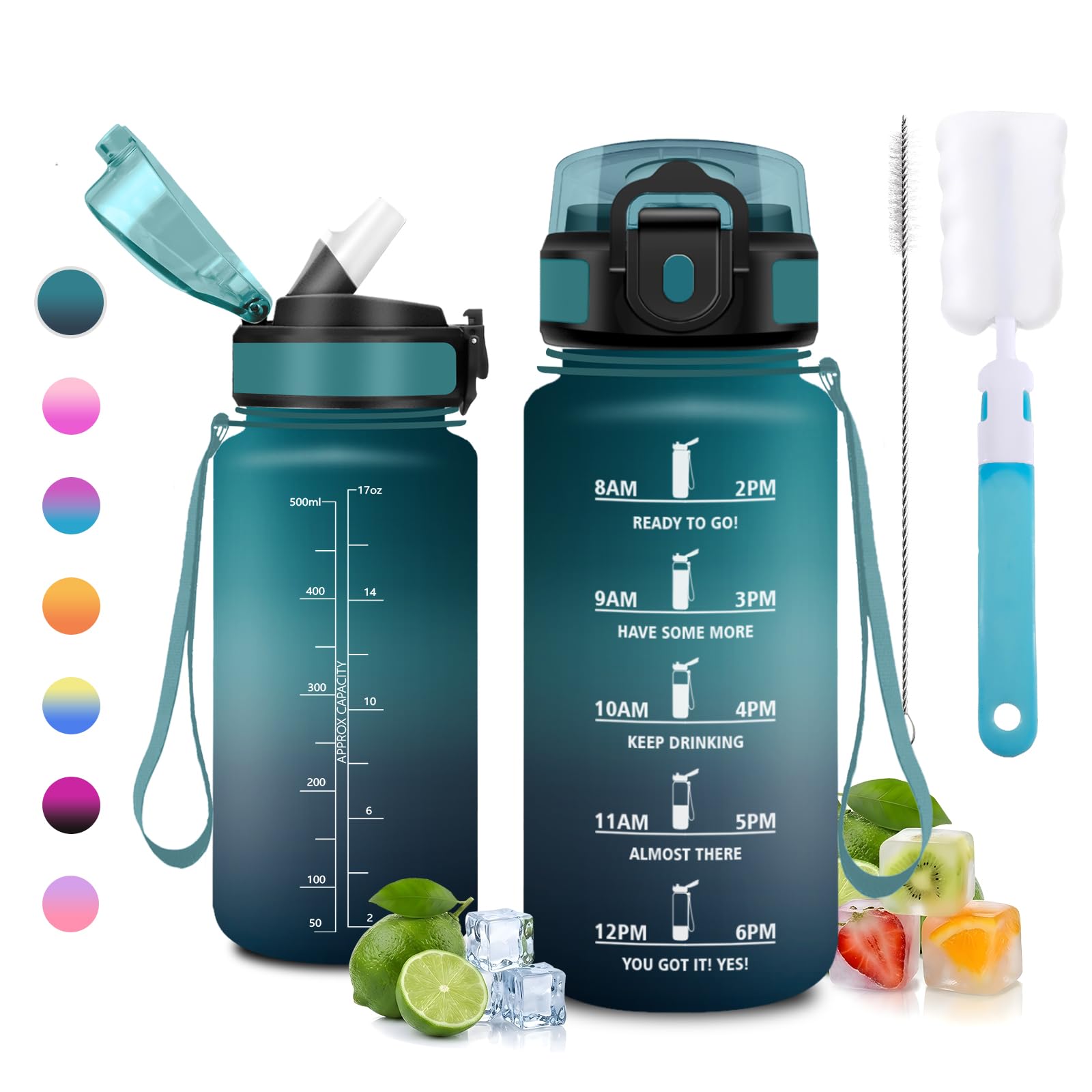 JAPORIA 500ml Water Bottle with Straw BPA Free Time Markers Reusable Leak Proof Camping Outdoor School