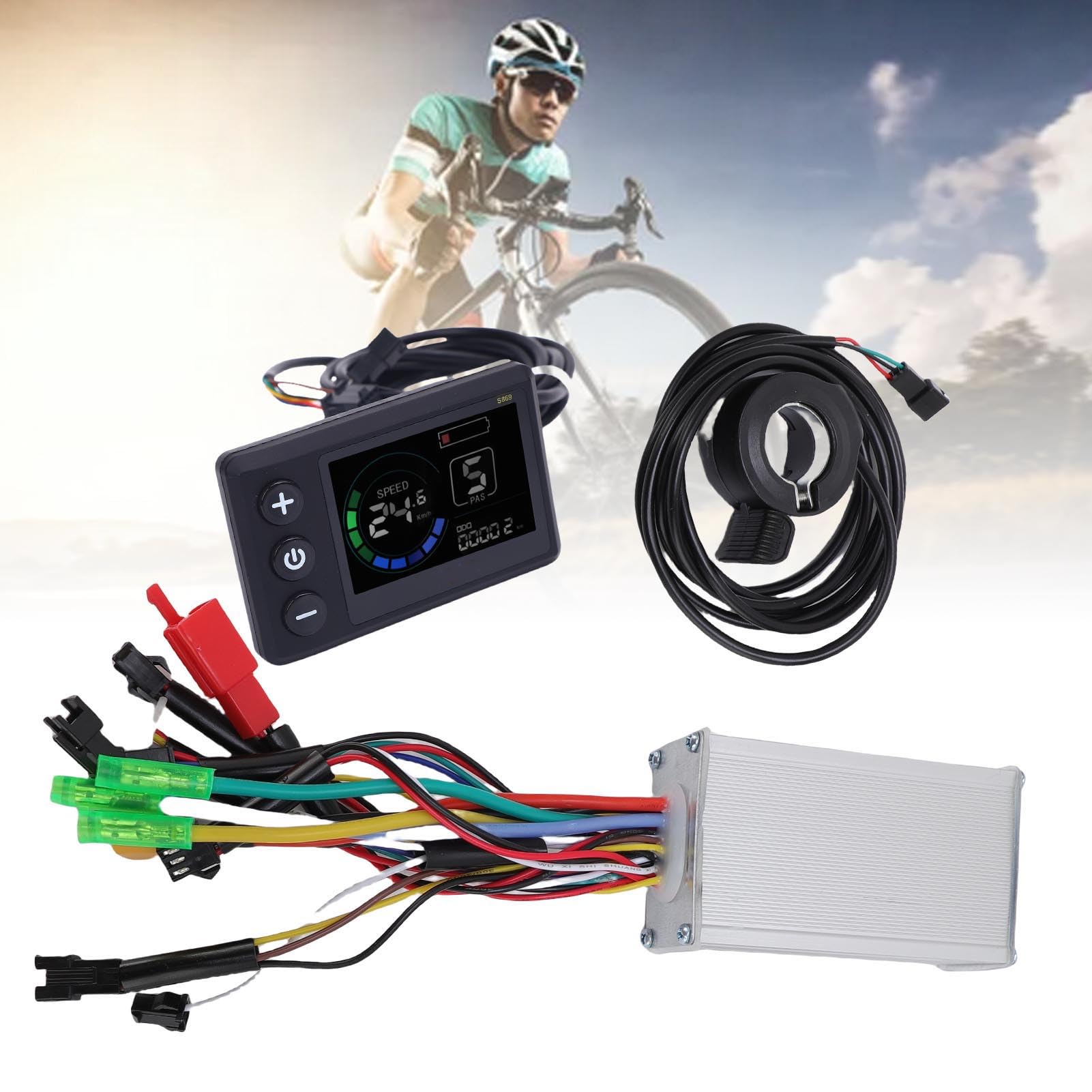BuyWeek Kit de Contrôleur de Moteur sans Balais pour Scooter Vélo Électrique, 36V 48V 250W 350W 17A 3 Modes Contrôleur d'onde Sinusoidale Panneau d'Affichage LCD Couleur S869 et Accélérateur 130X
