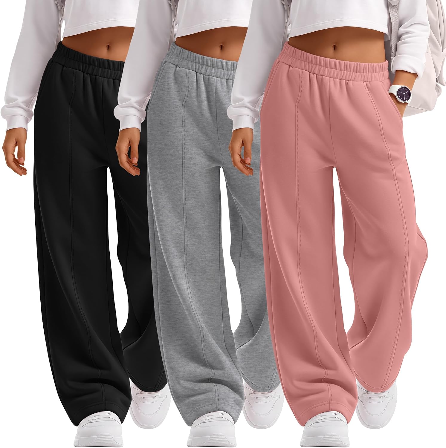 3 Pack Girls Sweatpants | Back to School Pants, Front Seam, Straight Wide Leg, Loose, Casual Joggers, Open Bottom, Teen, Uniform, 2 Pockets, Athletic