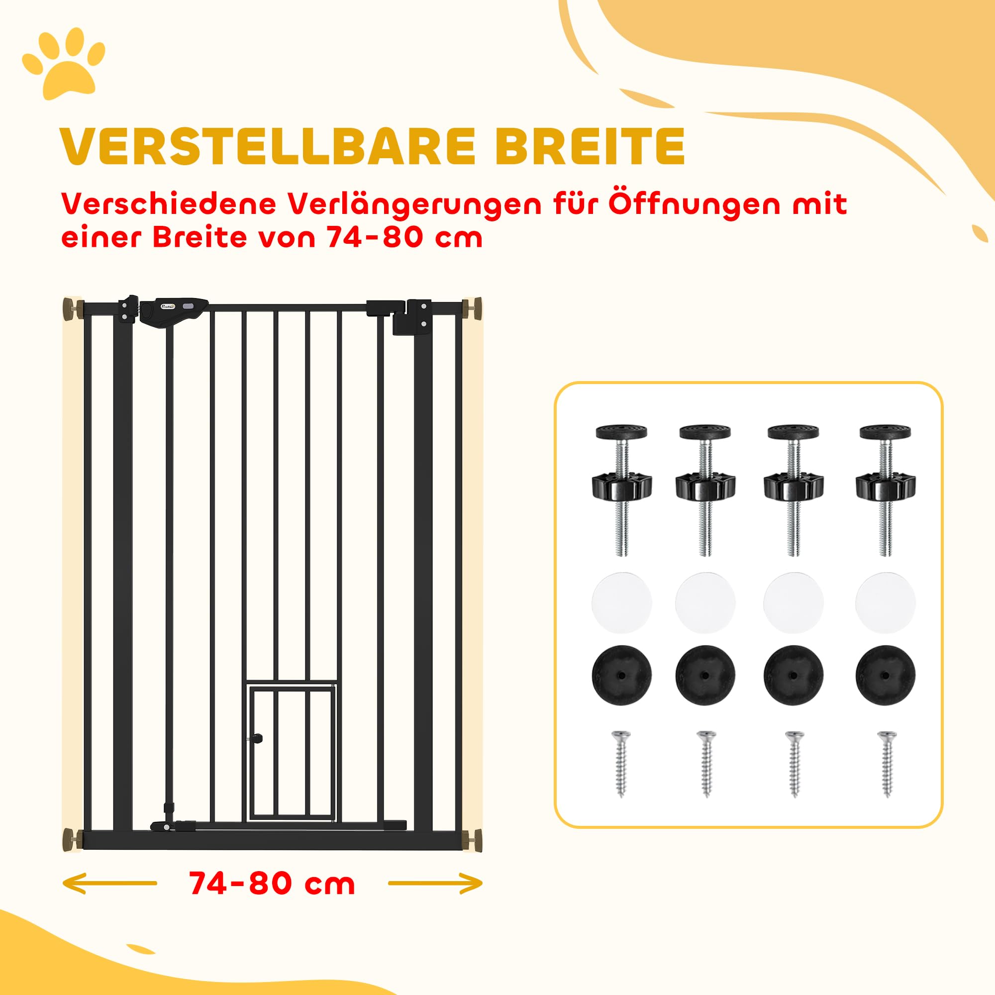 PawHut Protector de Puerta para Perros, Protector de Escalera, 74-80 cm Protector de Puerta para Perros, Protector de Escalera, Puerta de Seguridad, Cierre automático, Acero, Negro