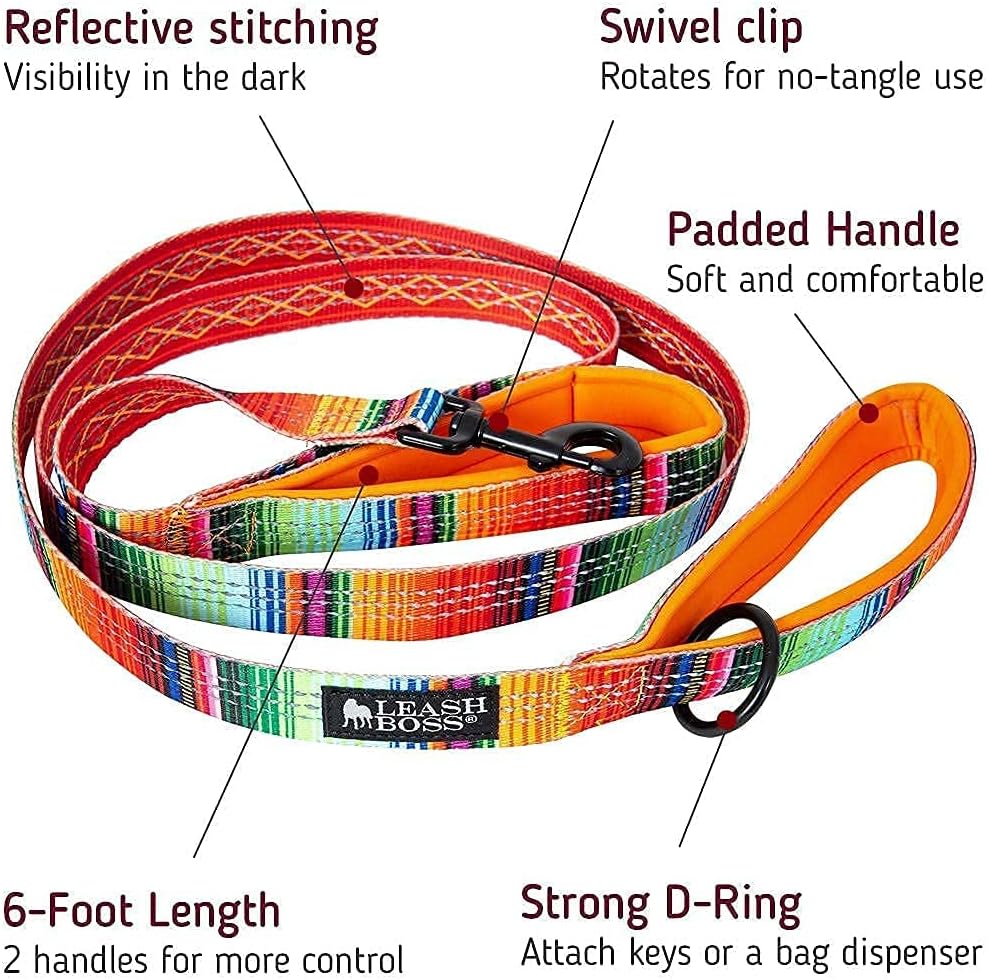 Leash Boss 2-Handle Leash and Bungee Leash Extension - Double-Handle 6Ft Reflective Dog Leash with Padded Handles (Blanket) and 18” Shock Absorbing Leash Extender (Blanket)