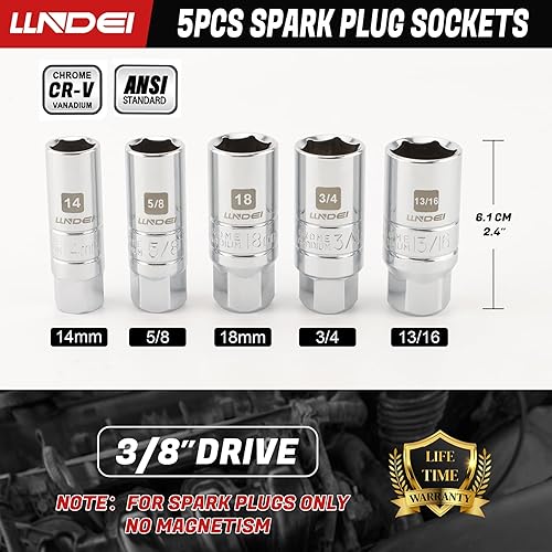Miniatura 3 de LLNDEI Juego de enchufes de bujía de 38 pulgadas SAE y métricos, alta visibilidad de 6 puntos de acero CR-V, enchufes pulidos de espejo con anillos