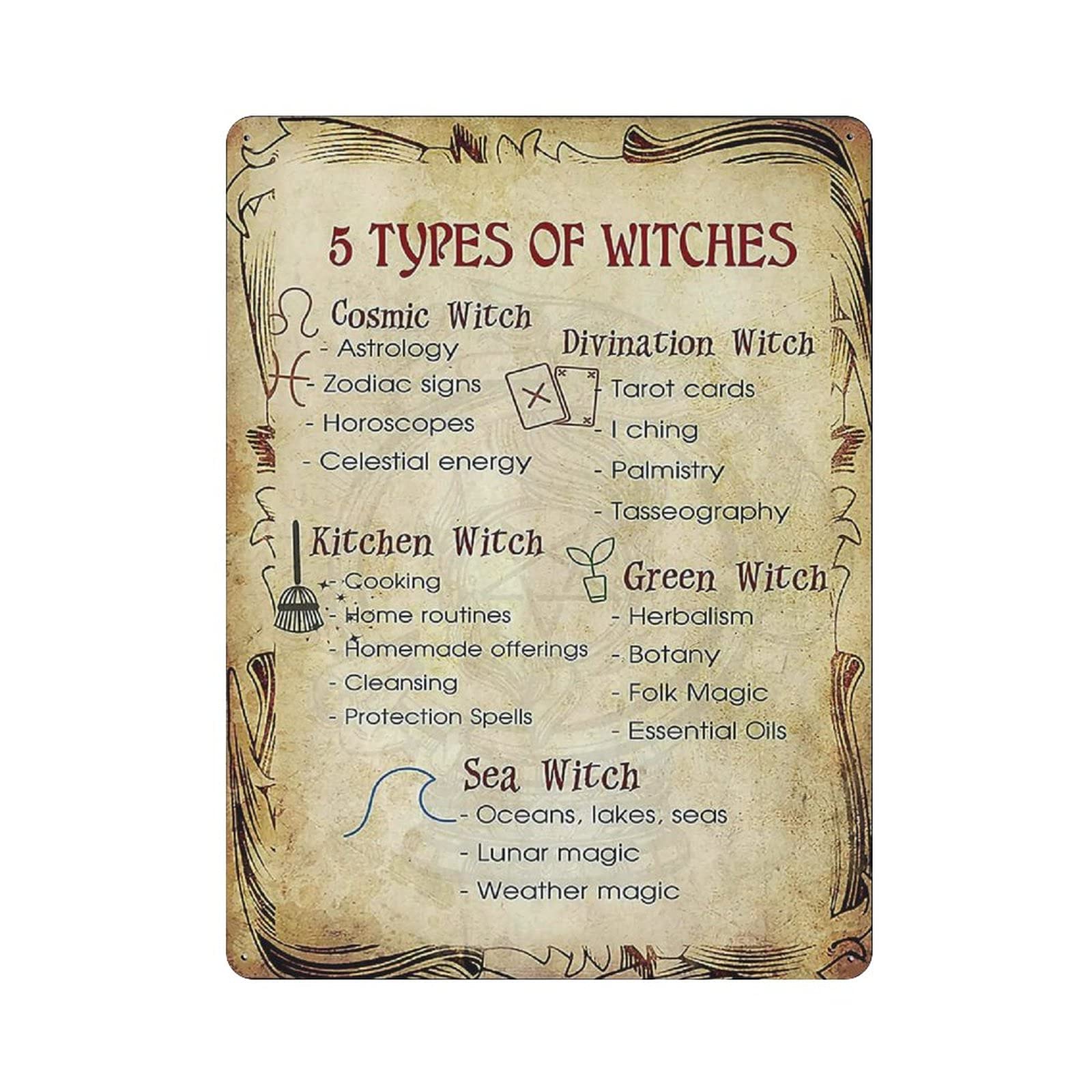 5 Types Of Witches Knowledge Metal Tin Sign Artwork Poster Outdoor Sign Vintage Decor Plaque Poster Cave Garage Pub Bar Kitchen Home Decoration 16"x12"