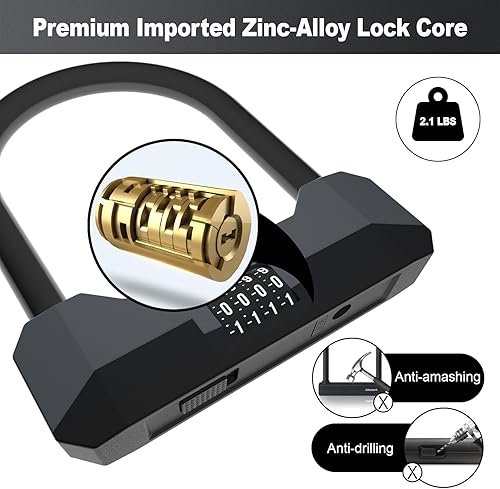 Miniatura 5 de Candados de bicicleta resistentes antirrobo, combo de bloqueo en U para bicicleta con 2 llaves, grillete de 0.71 pulgadas, cerradura de bicicleta de