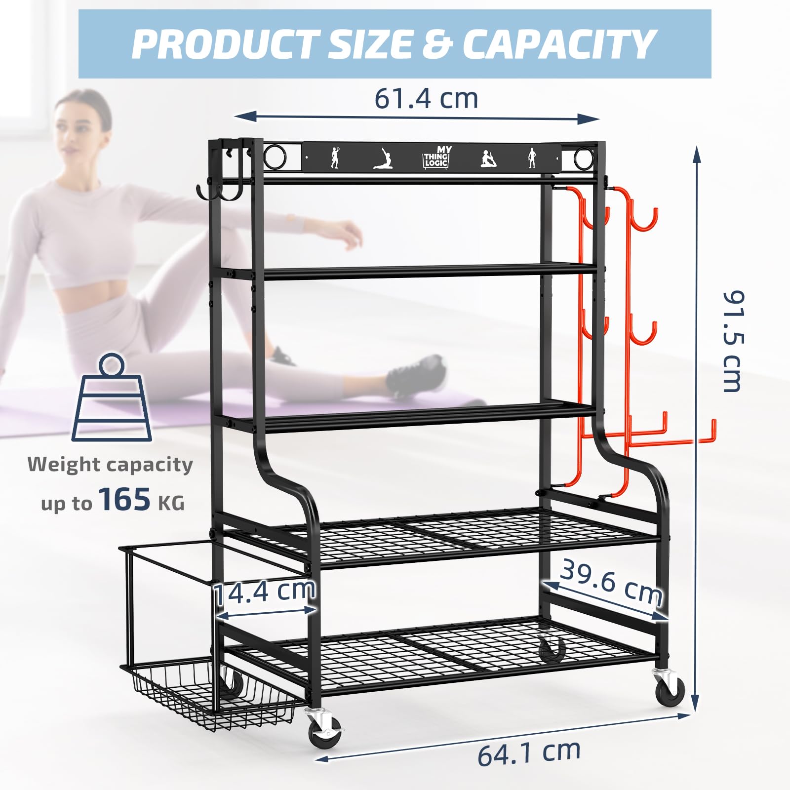 Mythinglogic Yoga Matte Regal, Yogamatte Organizer für Hanteln, Faszienrolle, Kettlebell und Yoga Block, Zuhause und Fitnessstudio Lagerregal Sportgeräte standregal