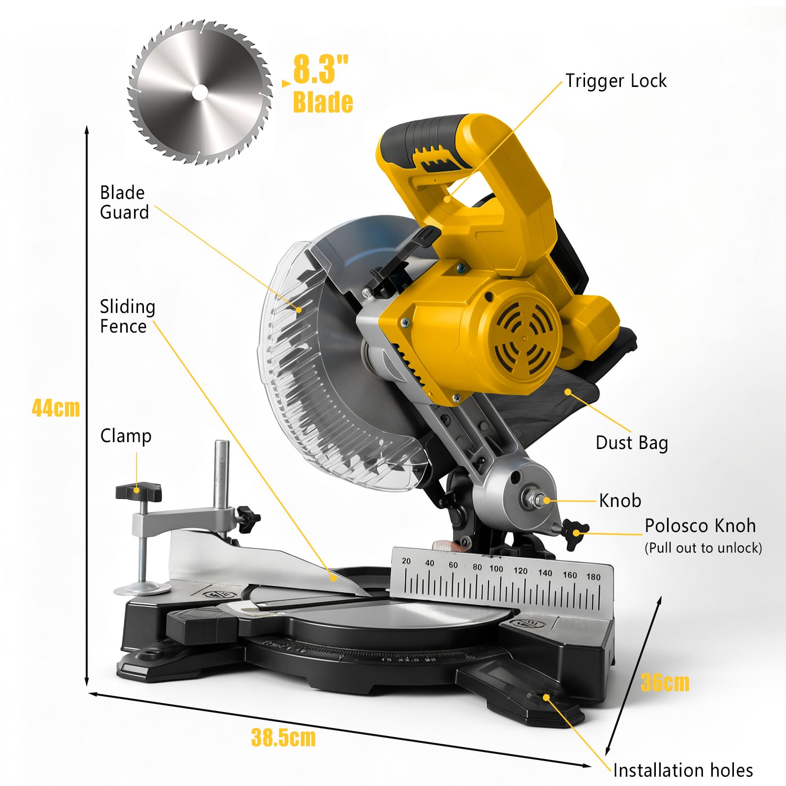 Roadtime Sierras ingletadoras para DeWalt 20V baterías(sin batería),Tronzadora e ingletadora hoja de sierra Ø 210 mm,cabeza de sierra inclinable 0–45°,Para Madera PVC Aluminio Metales Blandos