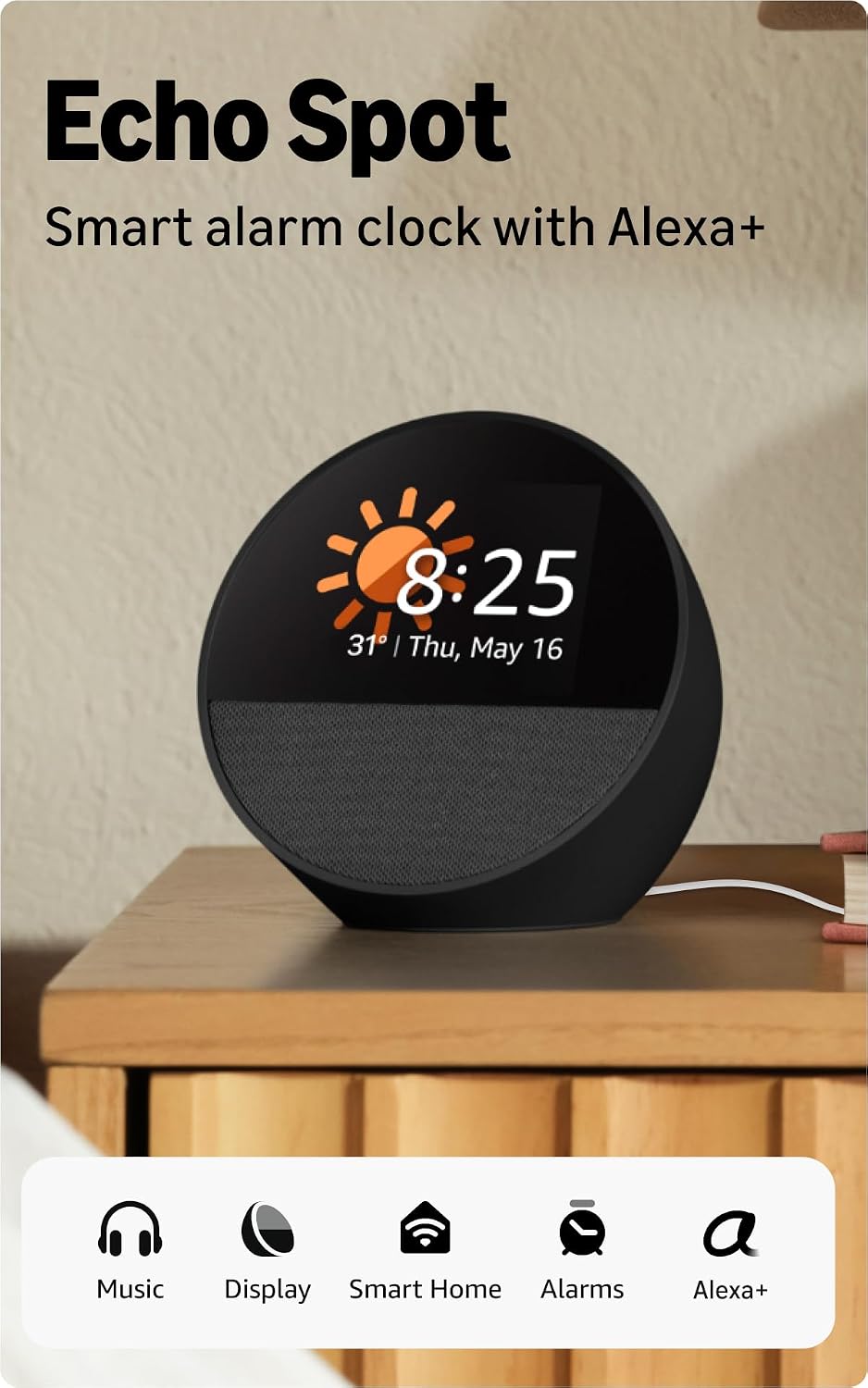71nnglaTQmL._SL1500_ Amazon Echo Spot, smart alarm clock with Alexa+, vibrant sound, bluetooth, Black