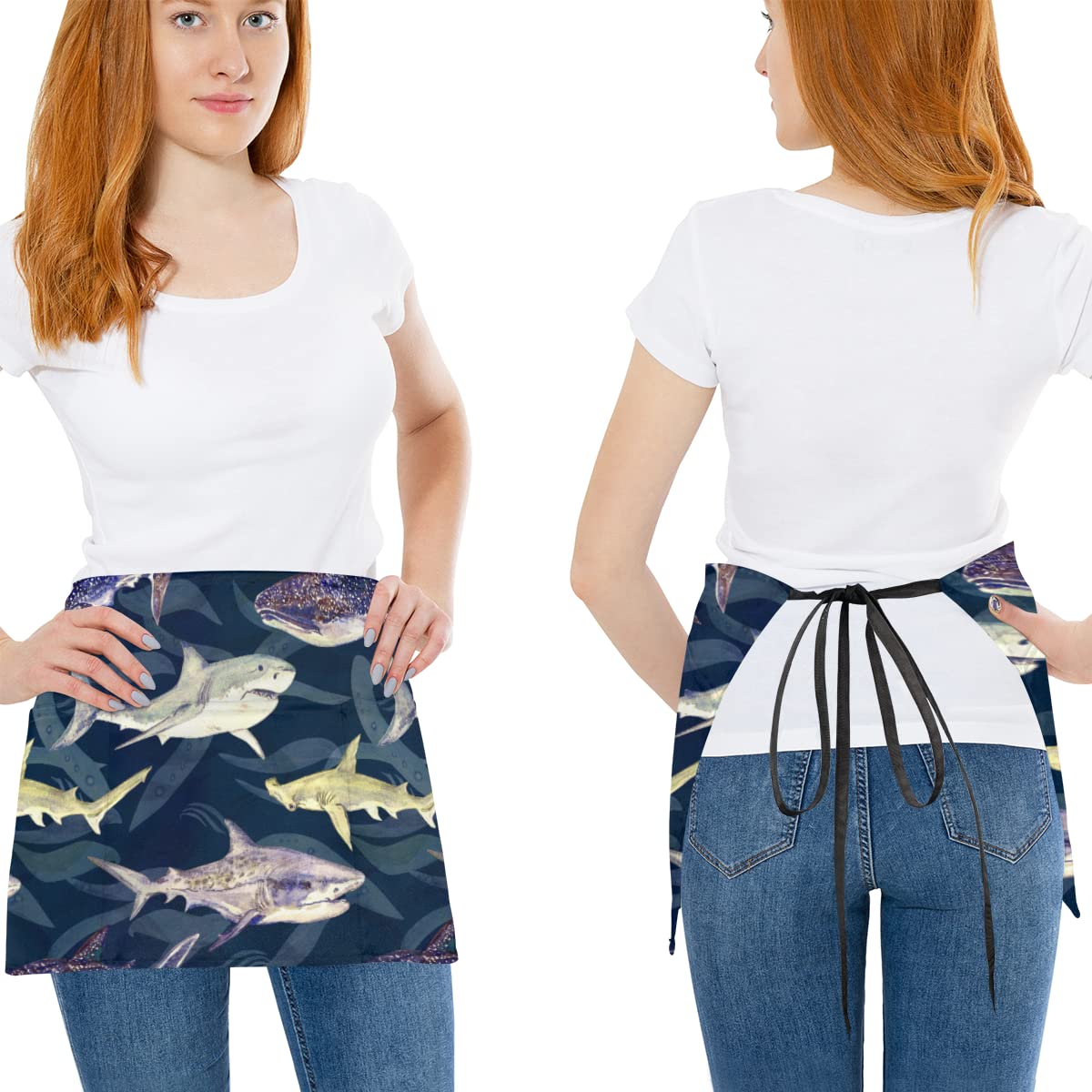 bisibuy 3 Pack Server Aprons with 3 Pockets, Shark Watercolor Waitress Waiter Wasit Apron for Women Men Restaurant Bistro Cafe Bars Half Aprons Waitress Server Accessories