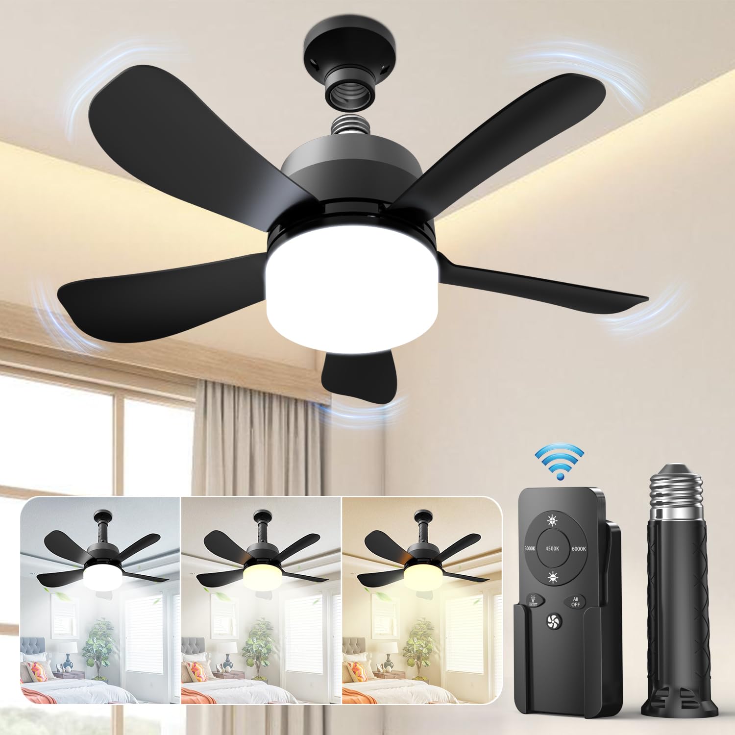 Eonini 2-in-1 Socket Fan Light with Remote, Small Ceiling Fans with Lights, 3 Colors Dimmable LED Light Bulb Fan, 1000LM, Easy Install Screw-in E26 Base for Bedroom Kitchen Garage Living Room