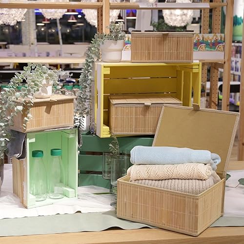 Miniatura 7 de Cesta de mimbre con tapa, caja de almacenamiento de bambú para estantes, cajas de almacenamiento de bambú con tapas, cesta decorativa rectangular