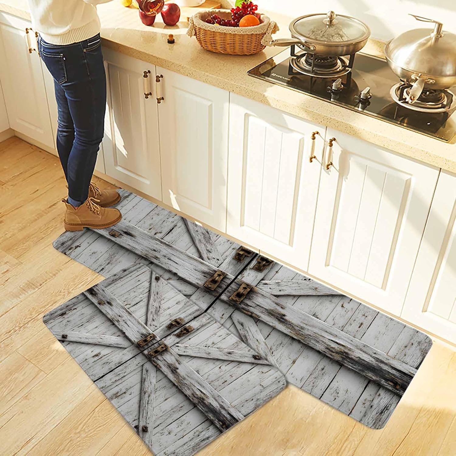 Vintage Gate Kitchen Rugs and Mats Set of 2, Non-Slip Kitchen Sink Mat, Farmhouse Wooden Grain Shabby Chic Door Washable Doormat Bathroom Rugs Runner for Bedroom/Living Room 23.6"x35.4"+23.6"x70.9"