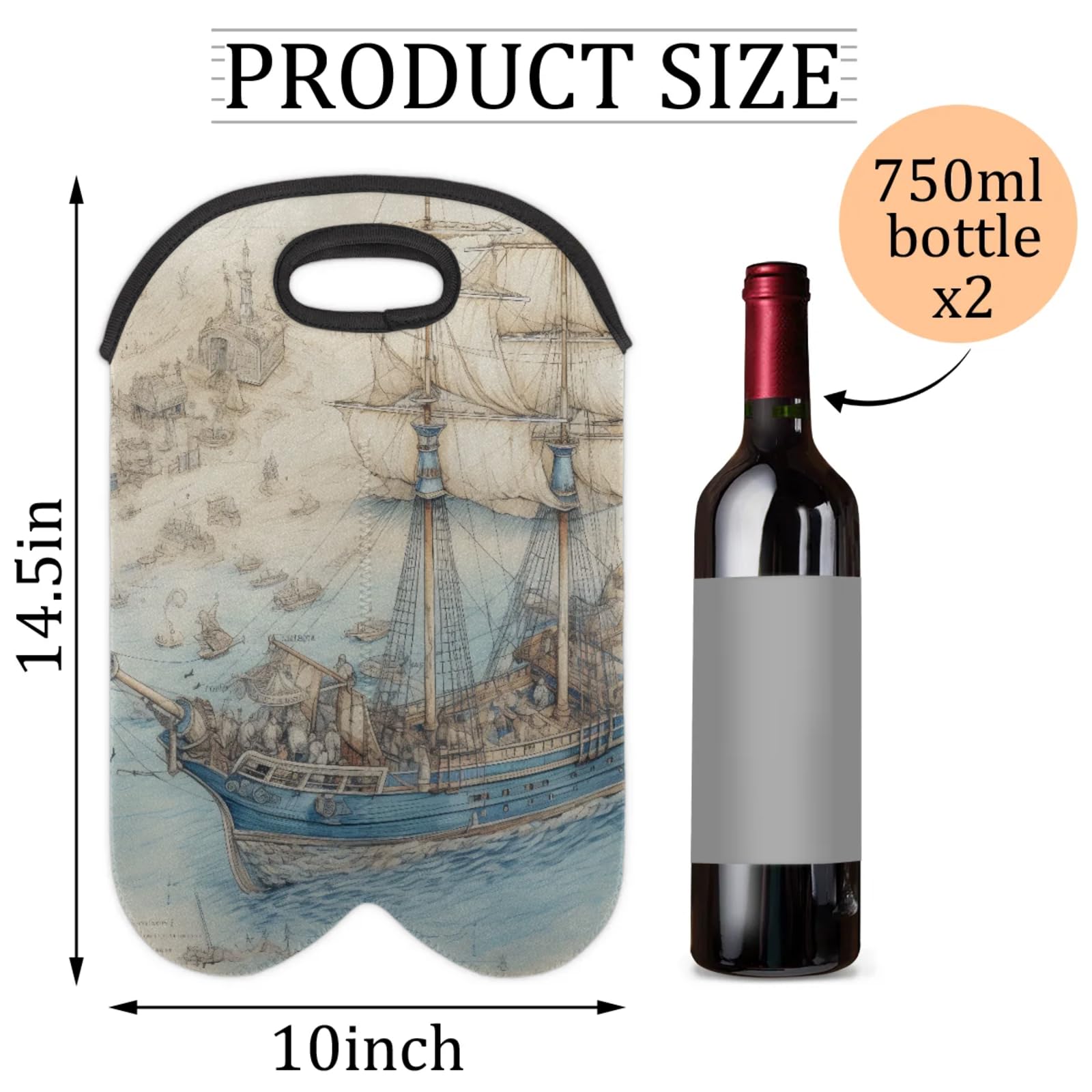 GzLeyigou 2 Bottles Old Ship Wine Bag Sleeve Totes Ocean Neoprene Protective Wine Carrier Bag for Wine,Water, Champagne, Beer, Baby Bottles,Gift 14.5 x 10 Inches