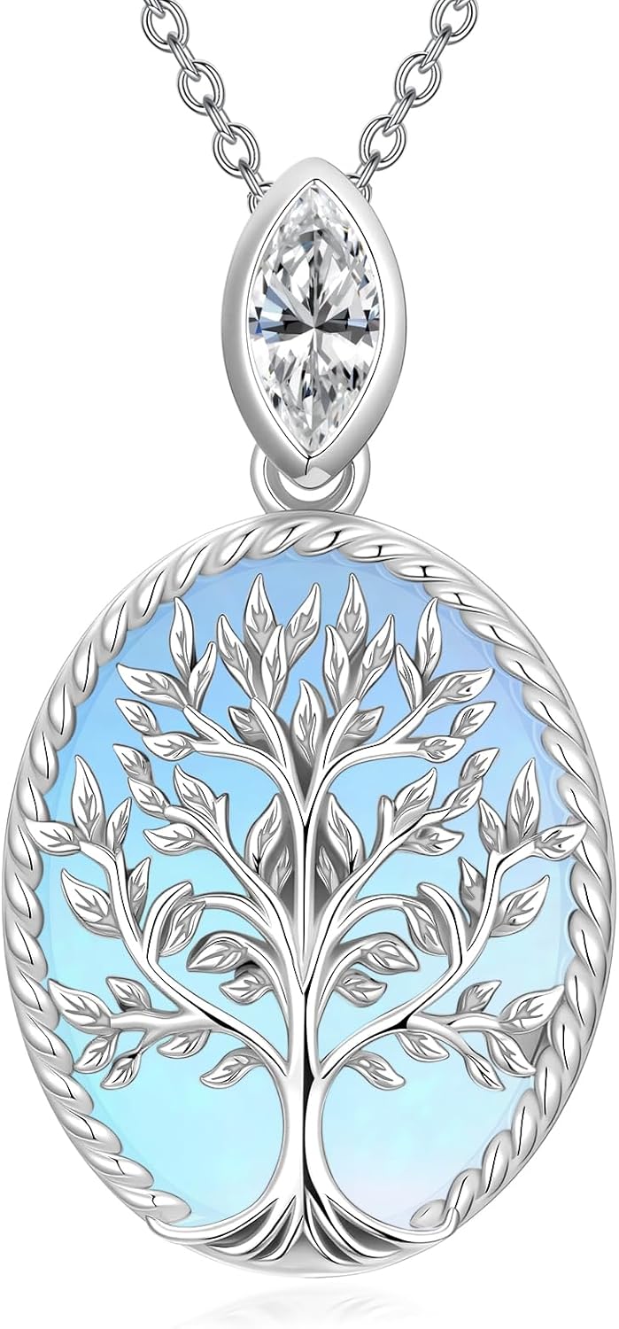 925 Sterling Silver Tree of Life Pendant Necklace,Silver Family Tree Moonstone Necklaces for Women/Mom/Wife,Dainty Gifts for Birthday Anniversary,with 18+2inches Chain