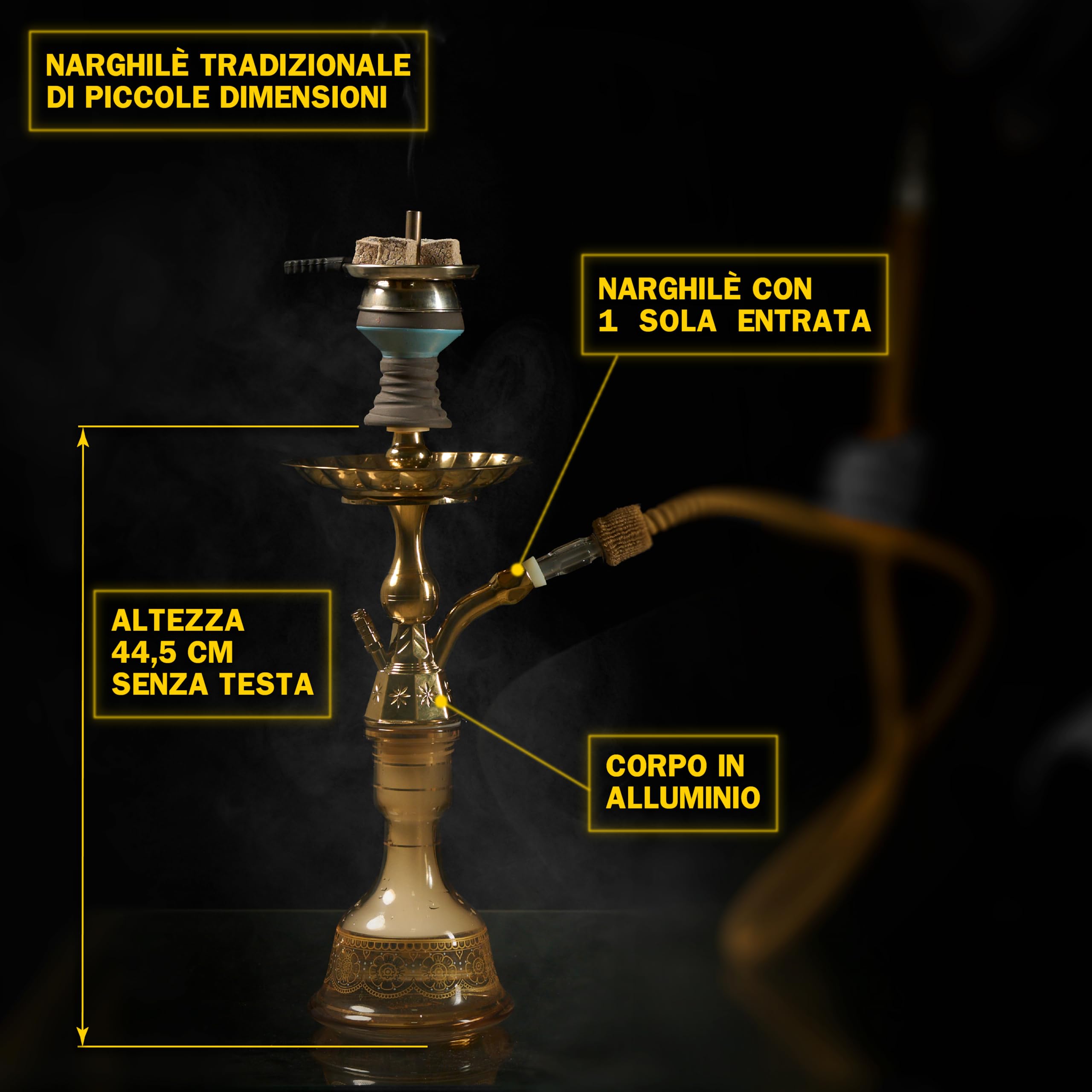 Dark Shisha Cachimba Tradicional Luna Ámbar 44,5 cm + 50 Boquillas Desechables de Colores | Set Completo con Manguera Tradicional, Cazoleta de Piedra, Chimenea, Pinza y Juntas