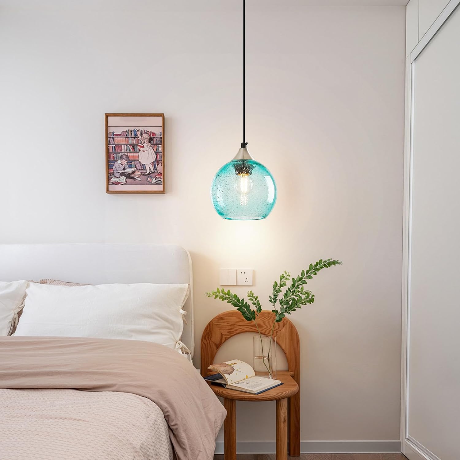 Light Blue Glass Pendant Lights Kitchen Island Globe Pendant Light Fixtures Modern Pendant Lighting for Bedroom Living Dining Room Light Fixture (5.9 in, 1 Pack)