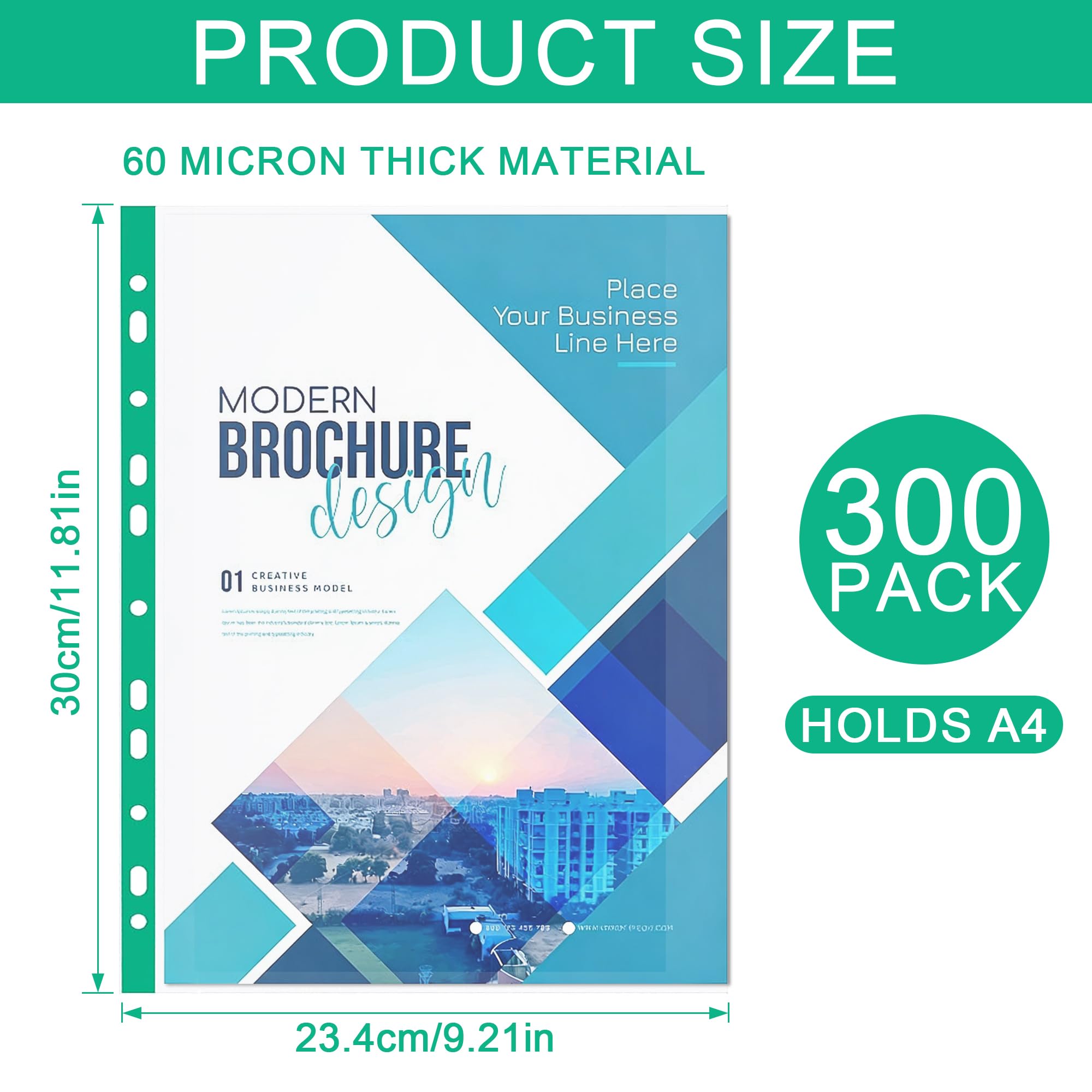 WYIPOLZI 300 Pcs A4 Punched Pockets, 60 Micron Thickness, A4 Clear & Heavy-Duty Wallet Sleeves with Punched Reinforced Green Spine, Top-Opening Pockets Wallets for Ring Binder Folders - Image 2