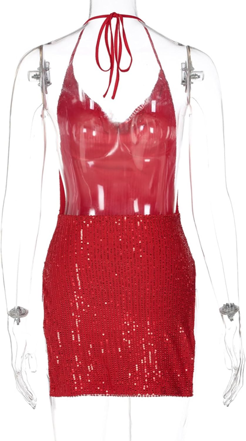 Women's Sequin Halter Bodycon Mini Dress Split Hem Backless Cowl Neck Sexy Short Dress Open Back Cocktail Party Dresses - Image 6