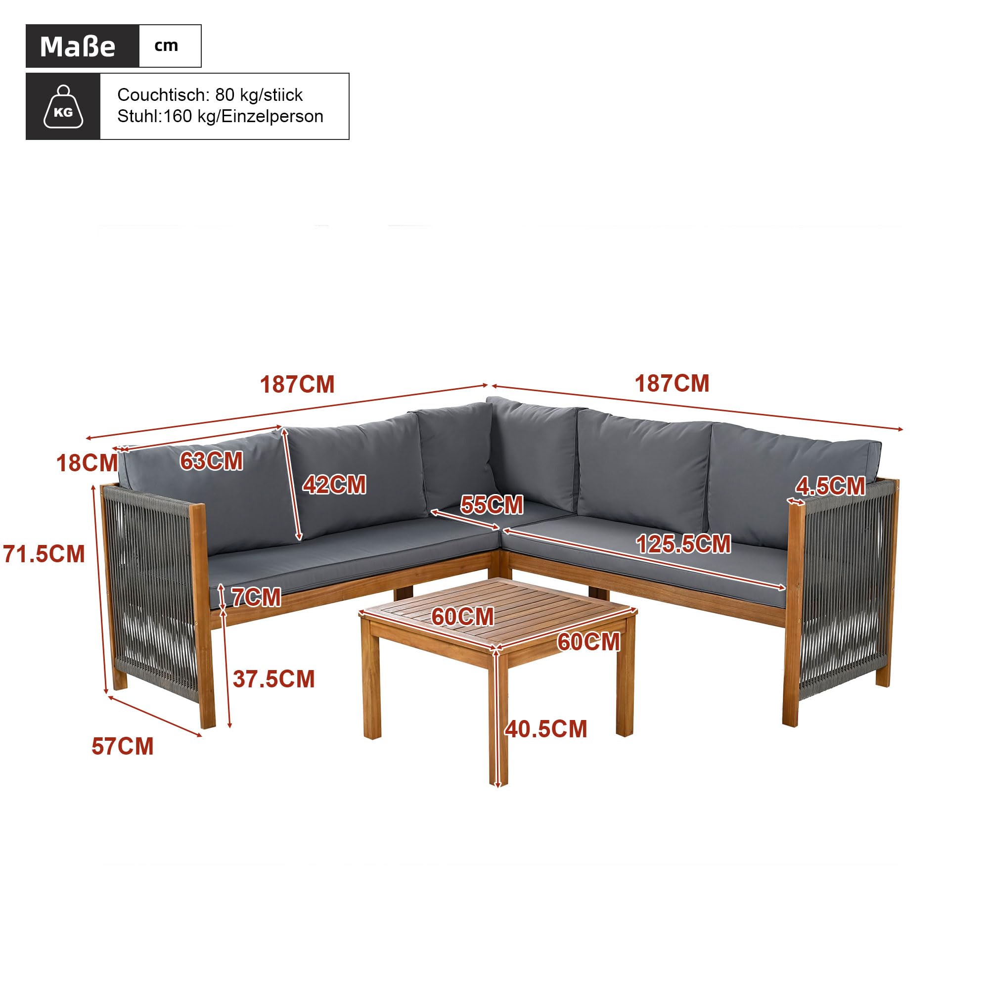 Lubvtti Set giardino esterno,divano da esterno + tavolino,mobili da giardino,struttura in acacia, piano in acacia,lavorazione artigianale in corda intrecciata, adatto per il giardino, grigio