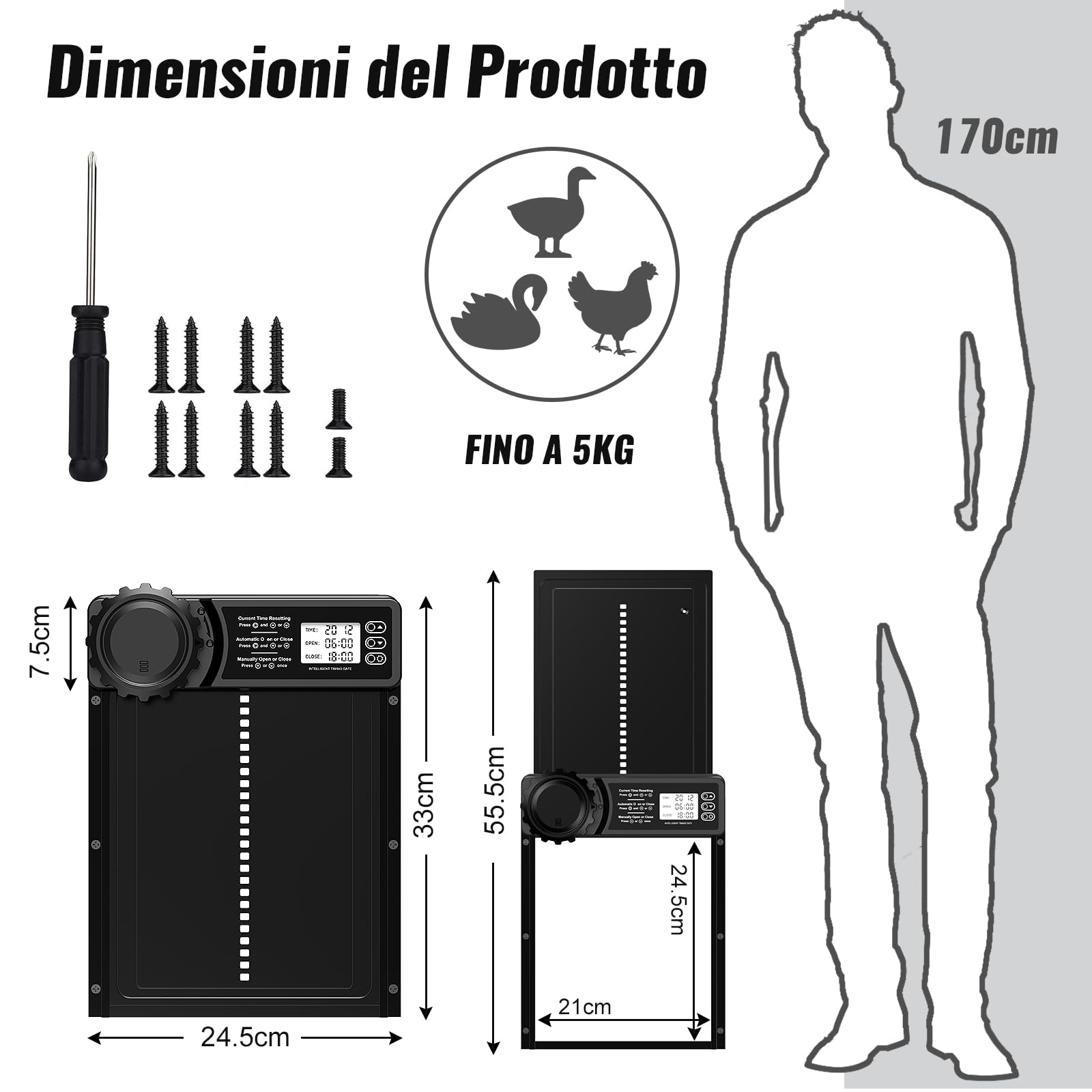 Porta Pollaio Automatico con Display, Timer, Antipizzicamento, Impermeabile