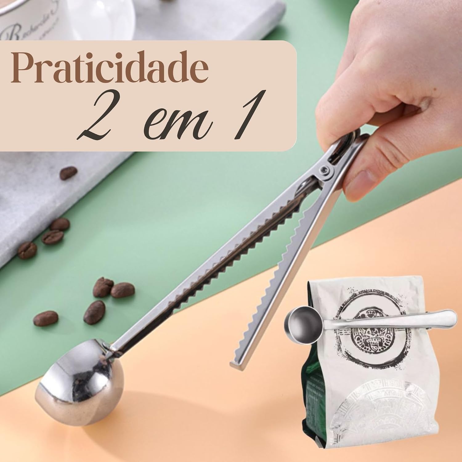Colher Café Medidora 5g Pó de Café Prendedor Pacote em Inox 17,5cm