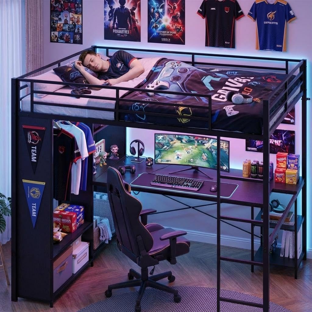 Queen Size Loft Bed with L-Shaped Desk and Wardrobe, Metal Bed Frame with Storage Shelves, Hanging Rod, Ladder, Full-Length Guardrails, LED Lights, Black