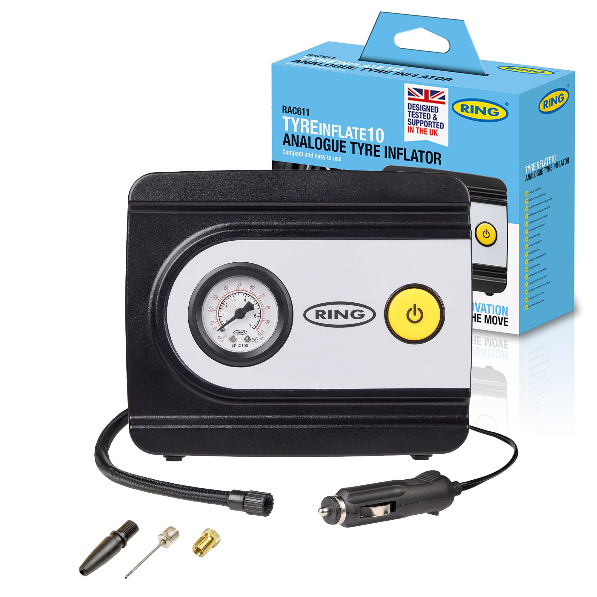 RING TYREINFLATE 10 Analogue Tyre Inflator Air Compressor with Three Adaptors - Measures in PSI, BAR and kPA
