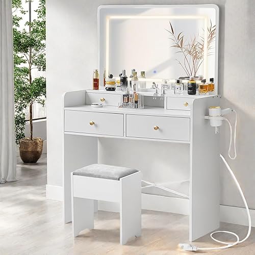 Miniatura 9 de Escritorio de tocador con espejo y luces, mesa de tocador de maquillaje con cajones, taburete de almacenamiento, espejo grande de 41 pulgadas, juego