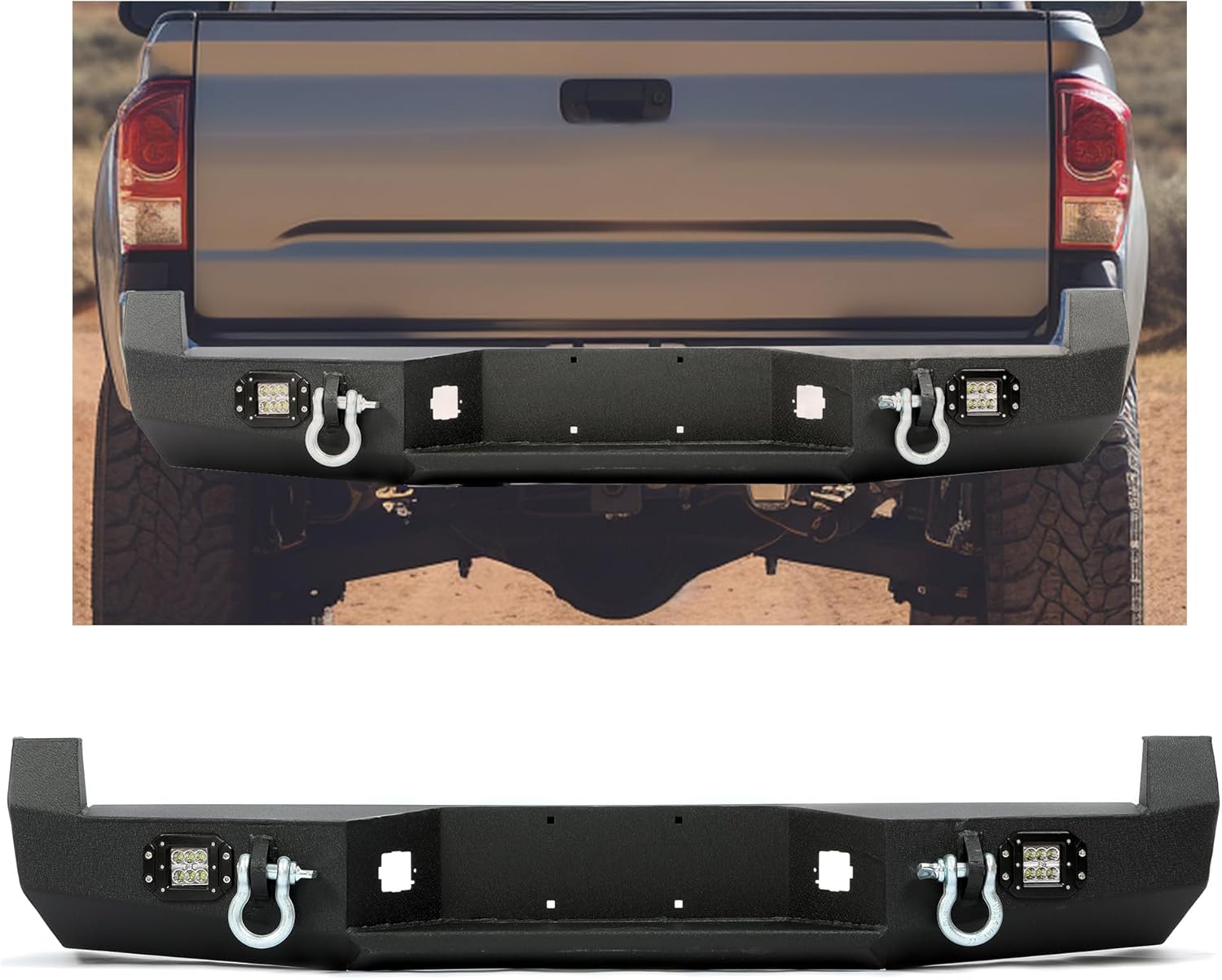 HECASA Rear Bumper Compatible with 2005-2015 Toyota Tacoma Step Bumper w/License Plate D-Rings Lights Steel Textured Black