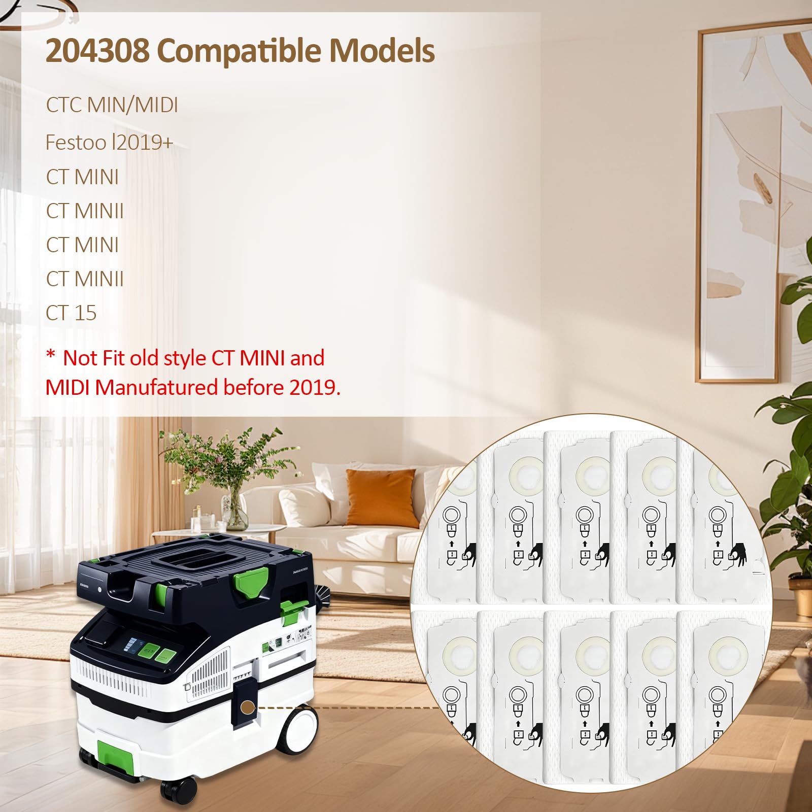 10 sztuk 204308 worki na kurz, zapasowe worki filtrujące, do Festool CT MINI/CT MINI I/CT MIDI/CT MIDI I/CTC MINI/MIDI/CT 15 od 2019 r