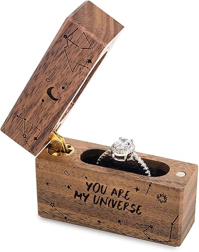 Miniatura 3 de Caja de anillo de compromiso de madera, pequeña funda plana delgada para propuesta, boda (You are my universe)