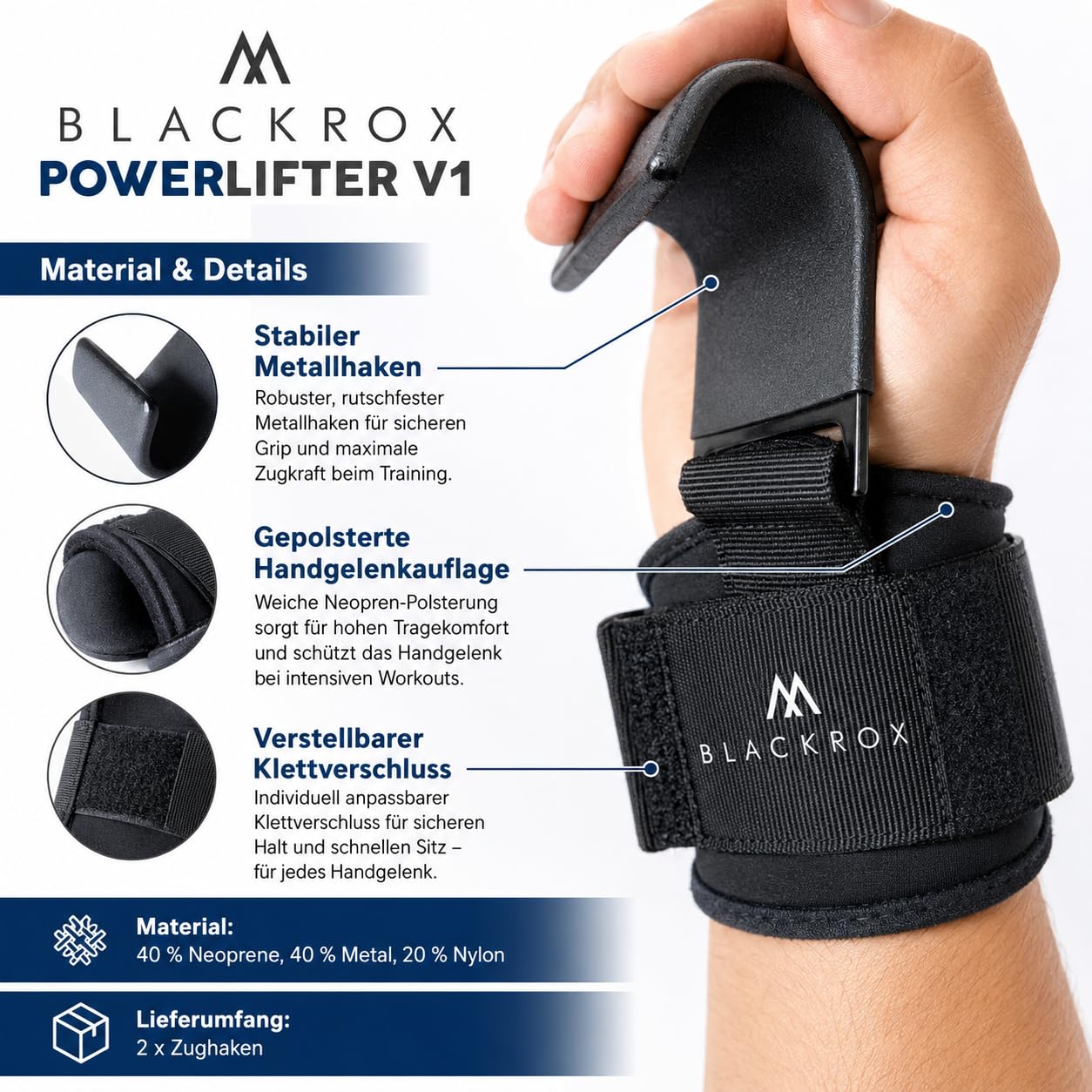 BLACKROX Zughaken Krafttraining Powerlifter V1 Vergleichssieger 2026 Zughilfen Fitness Bodybuilding 2 Stück Gym Metallhaken Gewichtheben handgelenkbandage gepolstertem Kraftsport schwere Gewichte