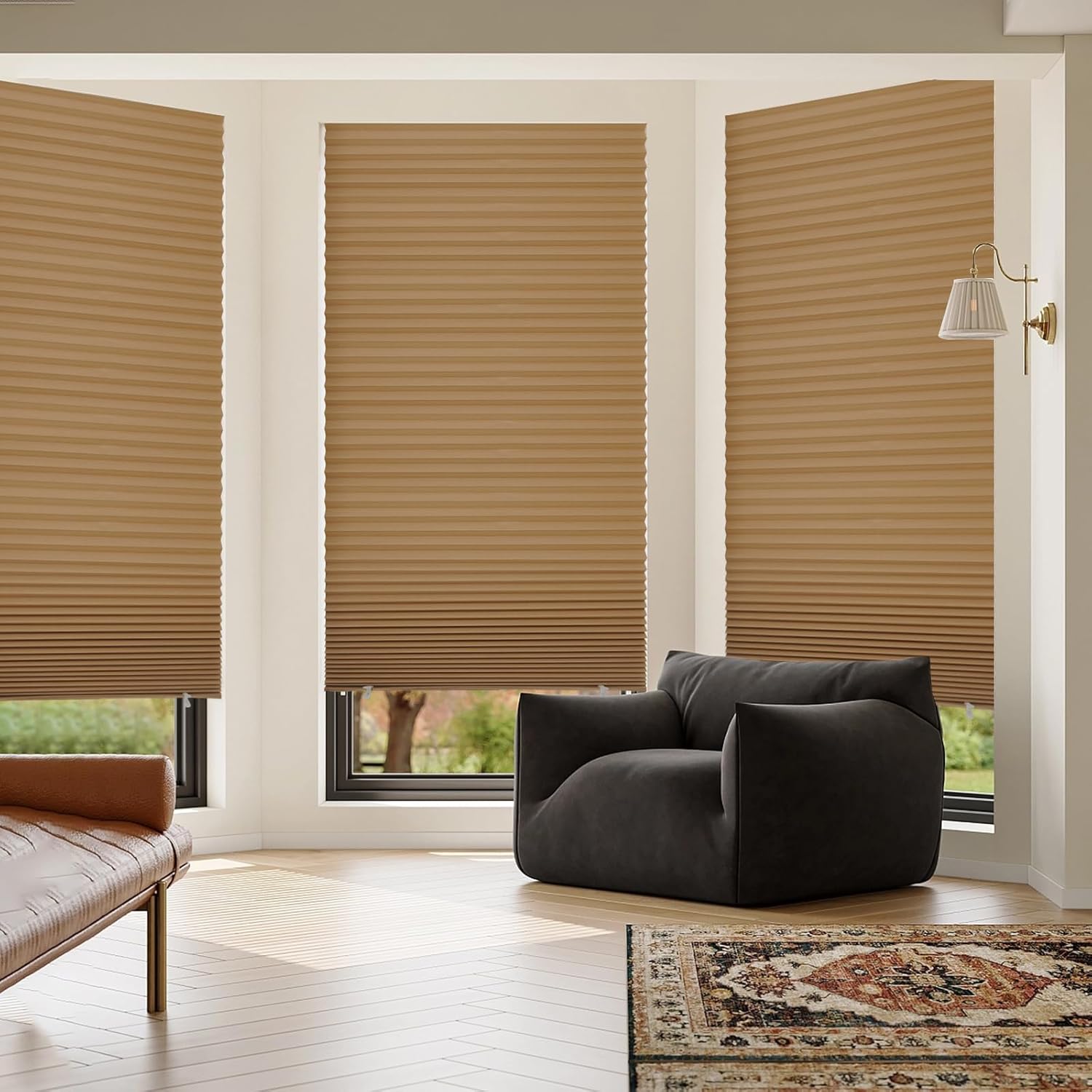myshade 6 pack temporary blackout paper shades for windows,paper pleated blinds with adhesive,no tools no drilling free cut size temporary room darkening shades(brown, 48" w x 72" h) brown 48"w*72"h - 6 pc